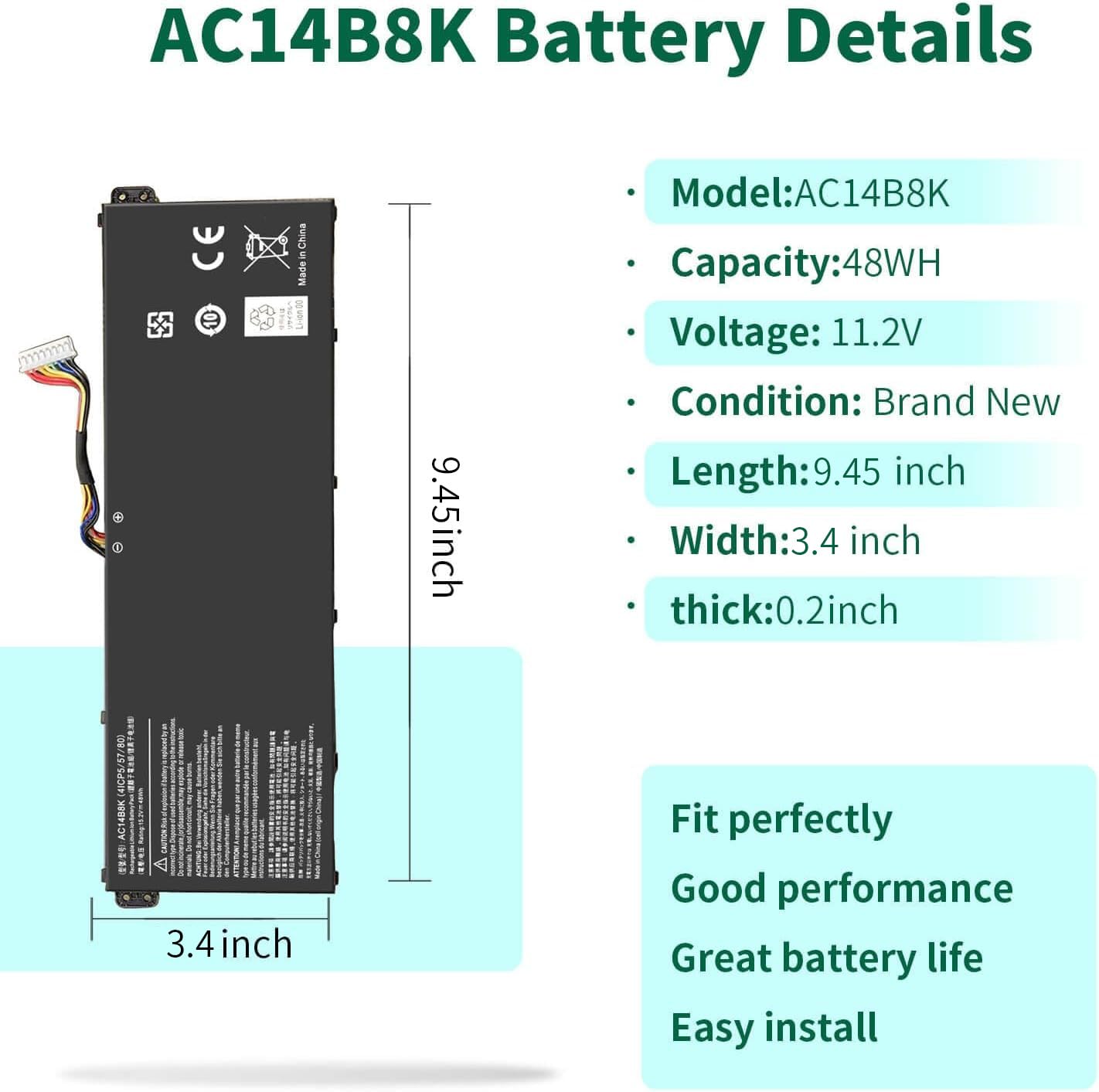 Ac14B8K Battery For Acer Predator Helios 300 N17C1 Ph315 51 Ph315 52 G3 571 G3 572 N18Q13 Nitro 5 An515 An515 53 An515 54 Aspire