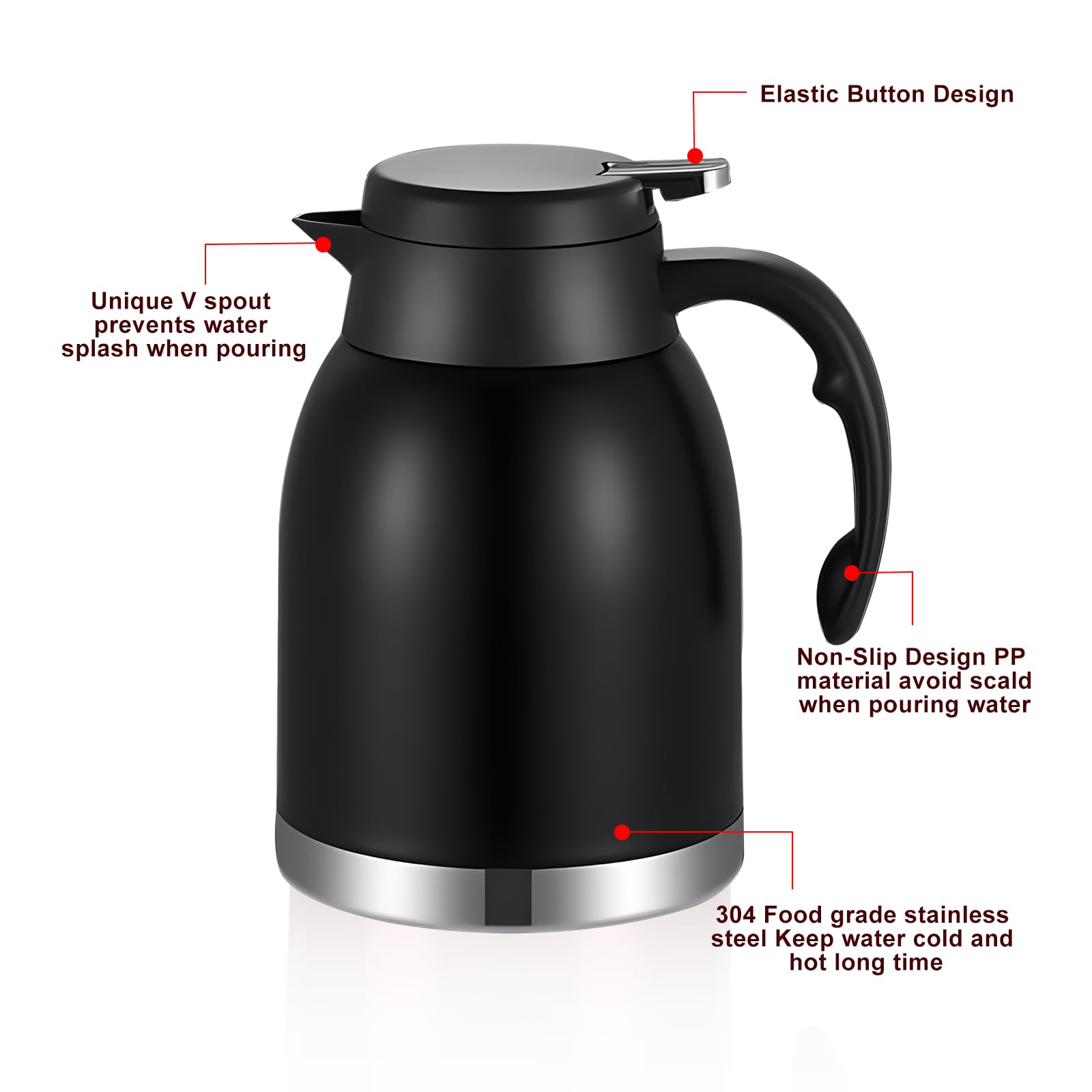 Thermal Coffee Carafe Dispenser, 54Oz Stainless Steel Double Wall Unbreakable Vacuum Thermos Flask 1.6L Water Tea Pot Pitcher Fo