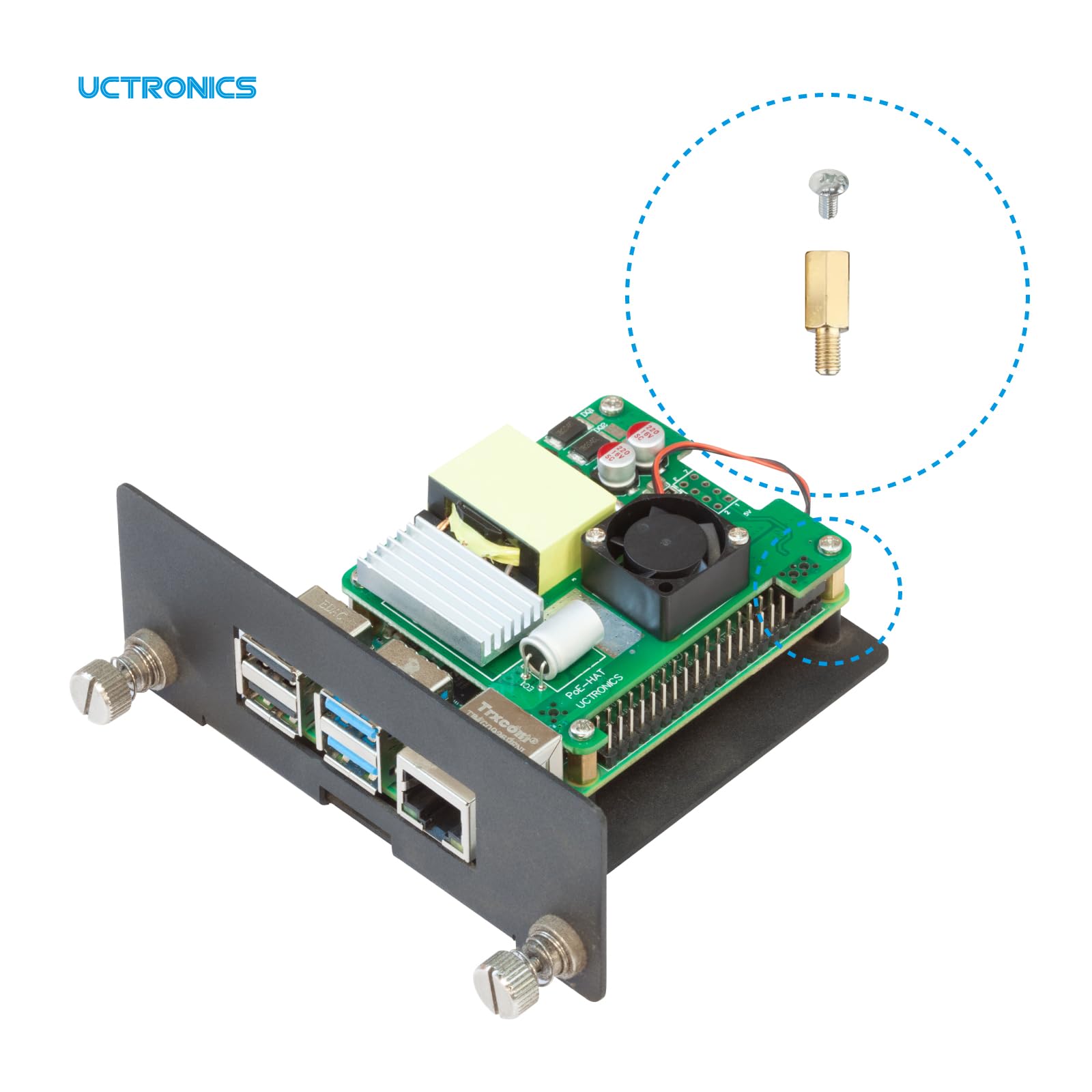 Uctronics Poe+ Hat For Raspberry Pi, 5V 4.5A Max Ieee802.3Af/At Complaint Power Over Ethernet With Cooling Fan For Raspberry Pi