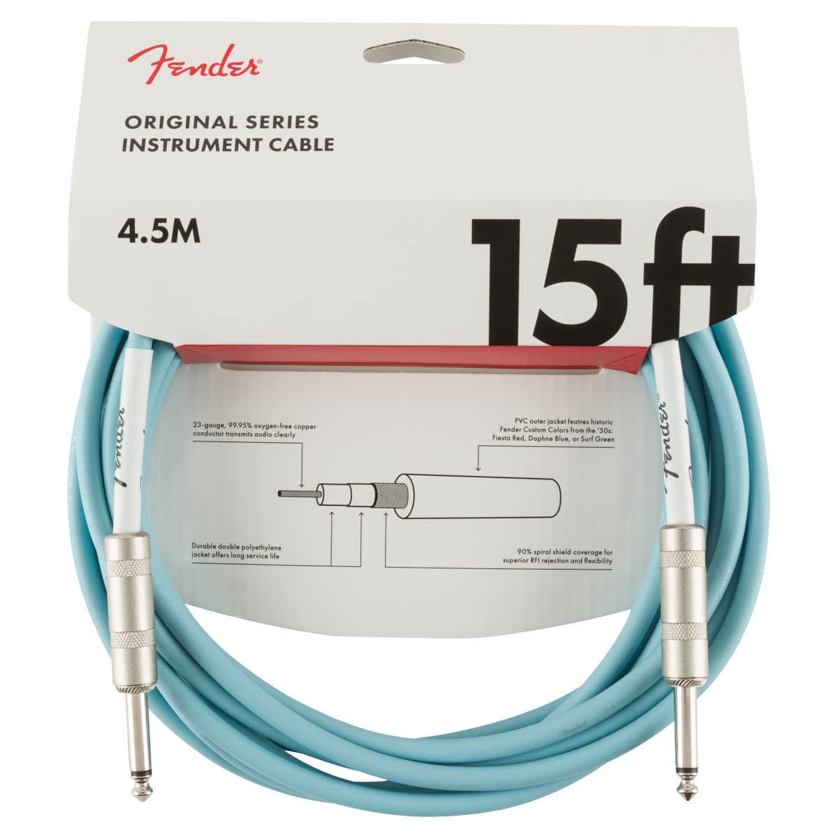 Fender Original Series Instrument Cable, Guitar Cable, Stocking Stuffers, Guitar Accessories, Straight/Straight, Daphne Blue, 15