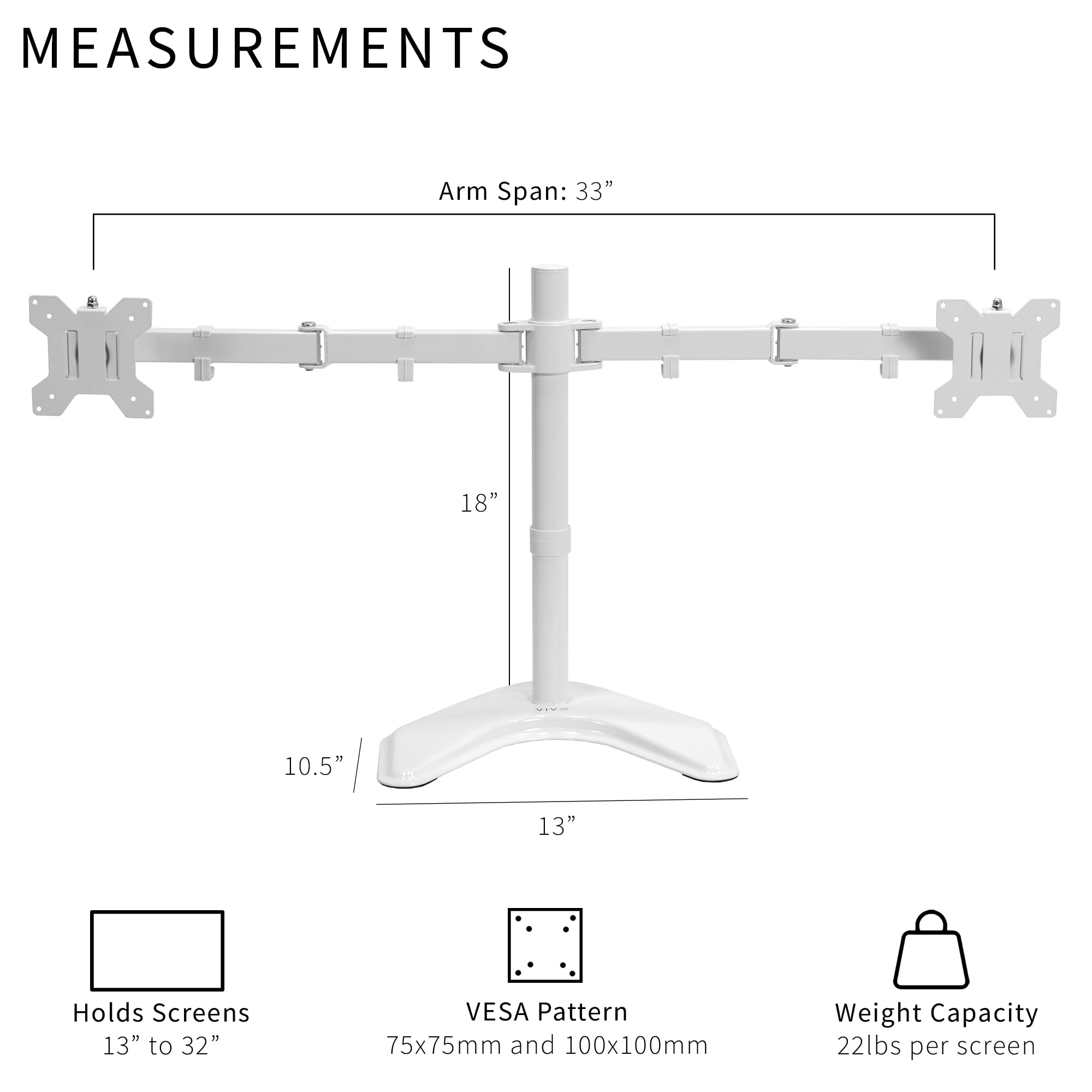 VIVO Dual LED LCD Monitor Mount, Free Standing Desk Stand for 2 Screens up to 32 Inch, Heavy Duty Fully Adjustable Arms with Max VESA 100x100mm, White, STAND V032FW