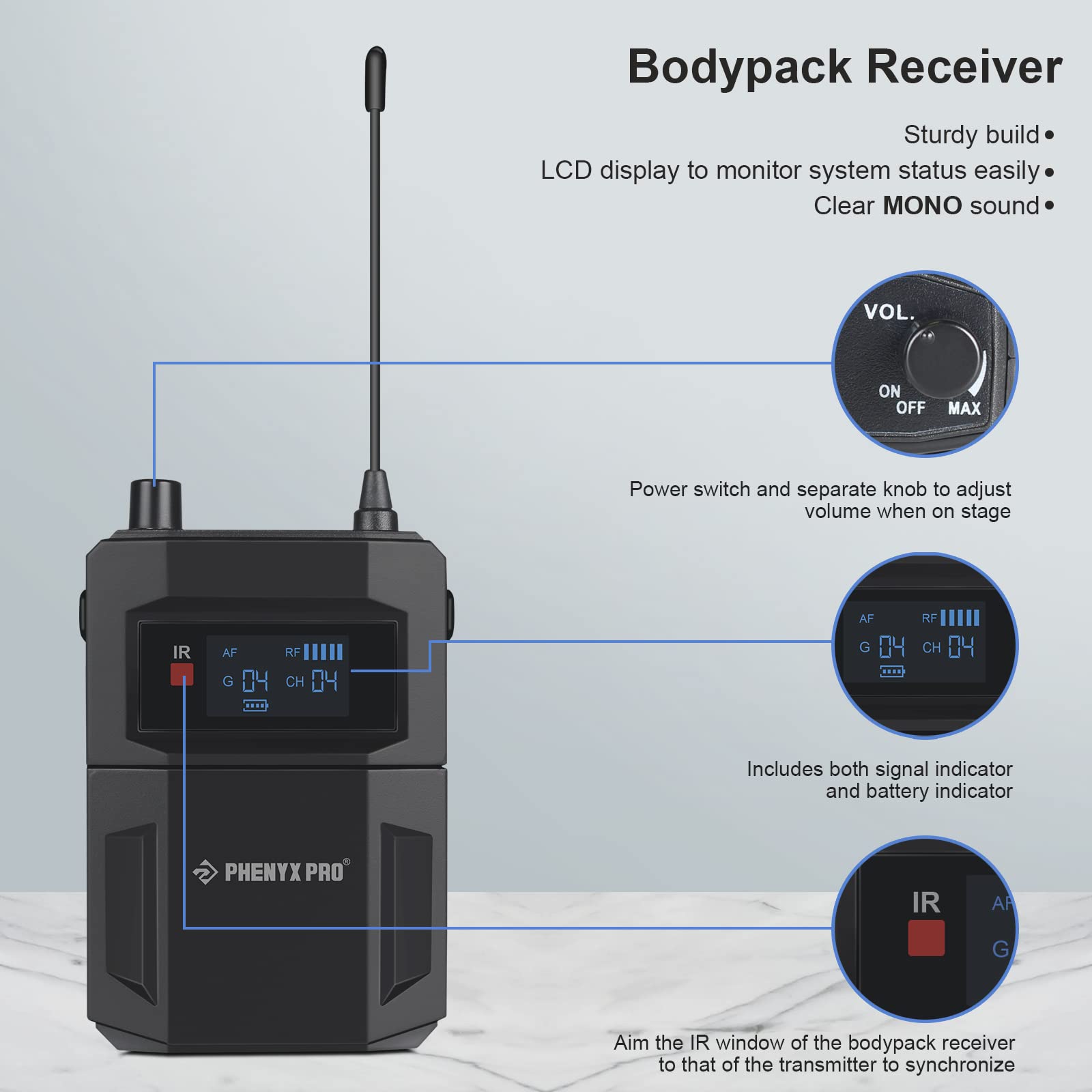 Phenyx Pro Uhf Mono Wireless In Ear Monitor System, Metal Wireless Iem System, Bodypack Receiver, 50 Adjustable Frequencies, Sep