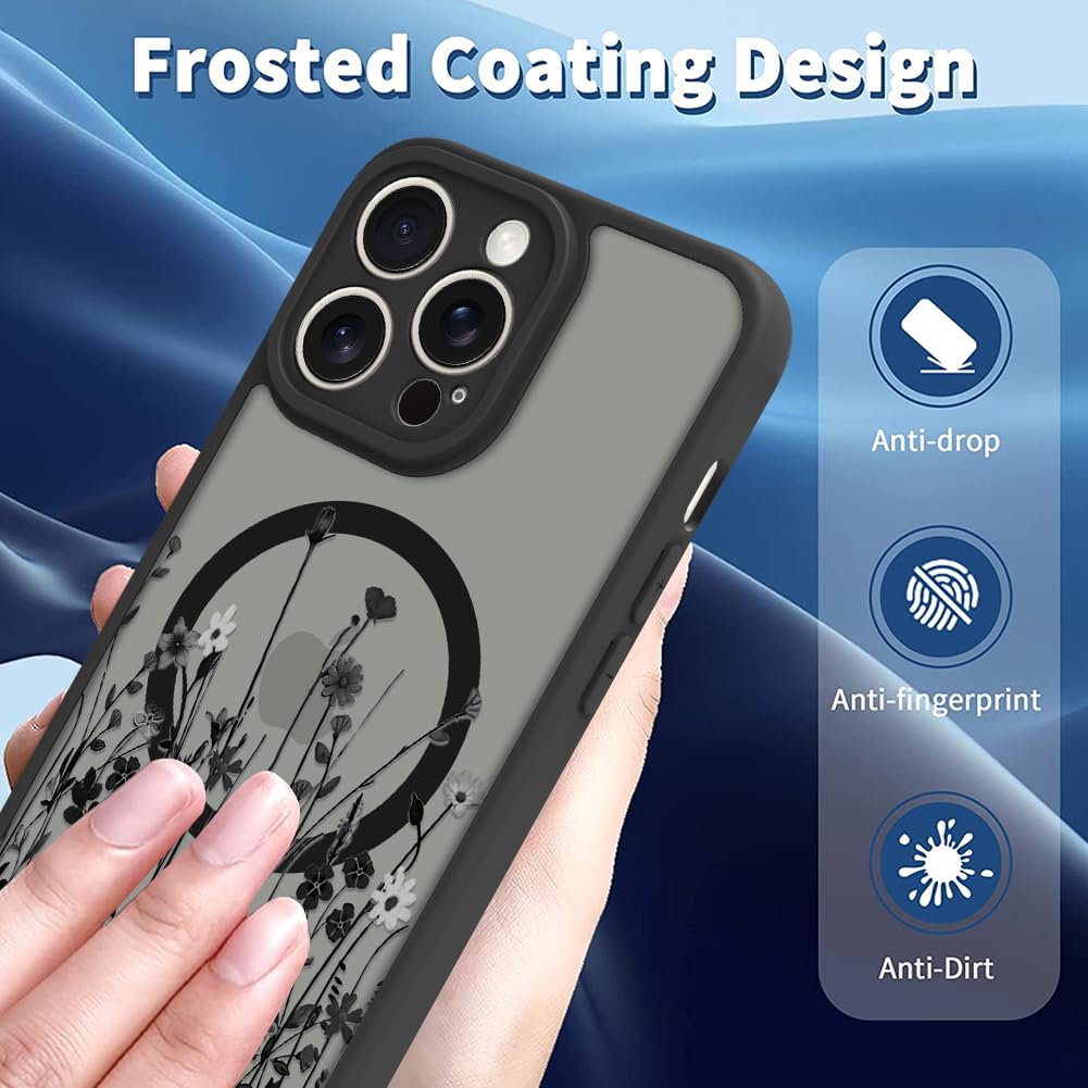 Ook Magnetic For Iphone 11 Pro Case Black Wildflower Pattern [Compatible With Magsafe] Slim Translucent Matte Camera Lens Protec