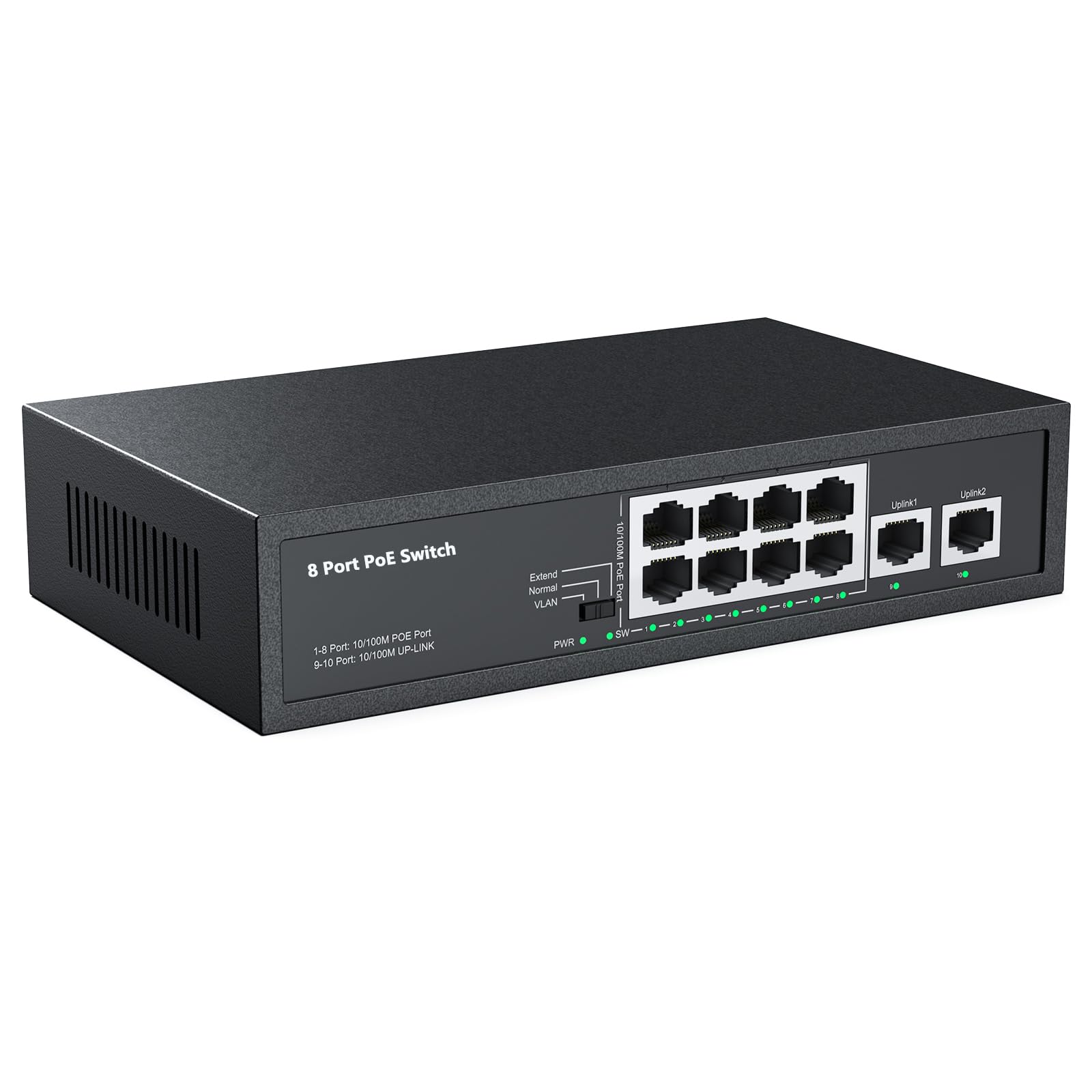 Real Hd 10 Port Poe Switch, 8 Ports Poe+ 2 Uplink Unmanaged 100Mbps Poe Switch, High Total Power Budget 120W, 803.Af/At Complian