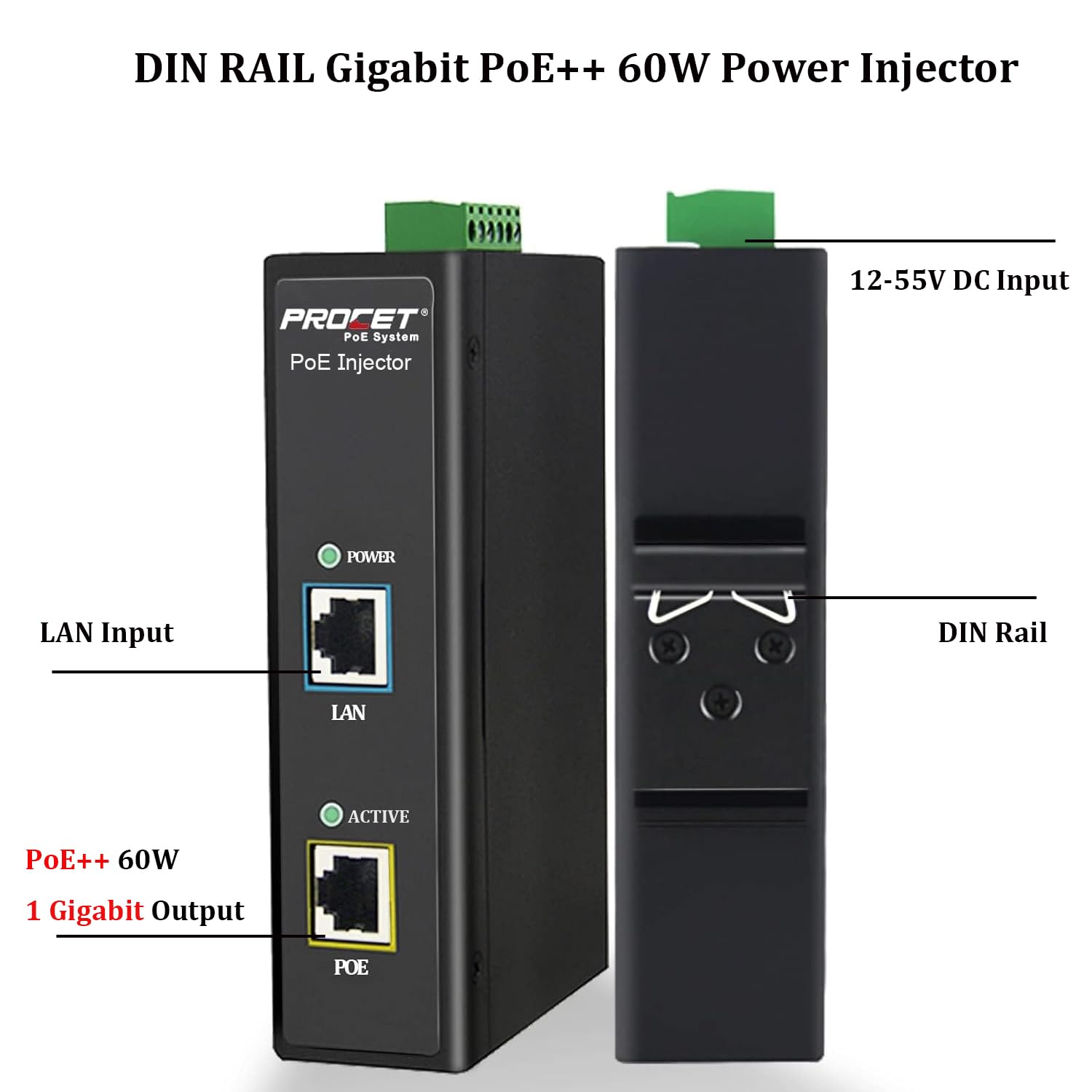 Procet 60W Poe++ Injector Gigabit Din Rail Industrial Poe Power Injector, 6Kv Surge Protection, Ieee802.3Af/At Compliant, Workin