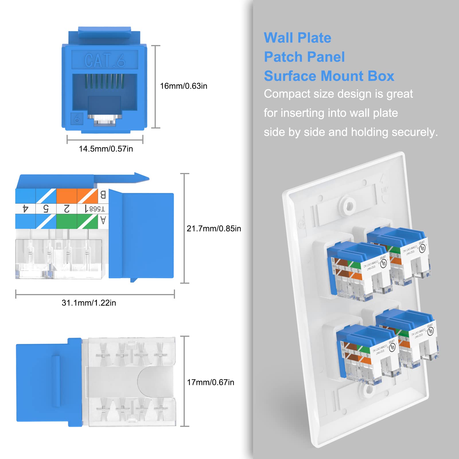 Vce Rj45 Cat6 Keystone Jacks Slim Profile Ul-Listed 25-Pack, 90-Degree Ethernet Punch Down Keystone Jack Adapter-Blue