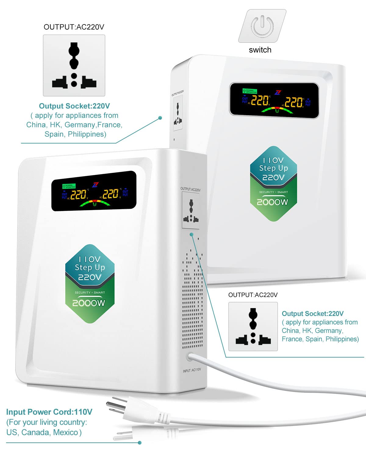 120V To 240V Step Up Transformer 1000W, 110V To 220V Power Voltage Converters, No Noise, Ten Protection Functions, Suit For Coff