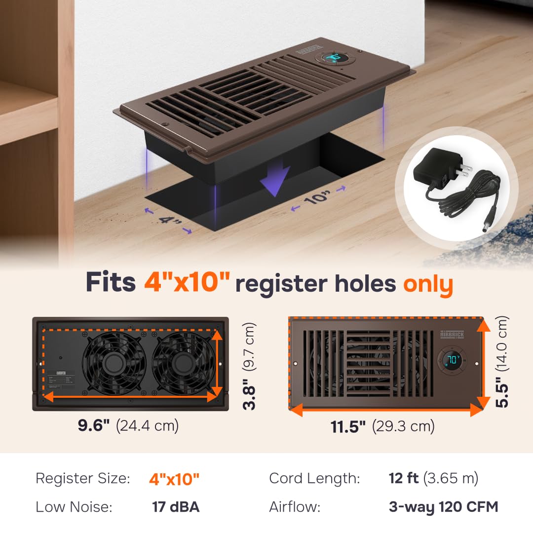 Airbrick Quiet Smart Register Booster Fan With Remote Control. Fits 4    X 10    Register Holes. Enhances Ac/Furnace Vent Airflo
