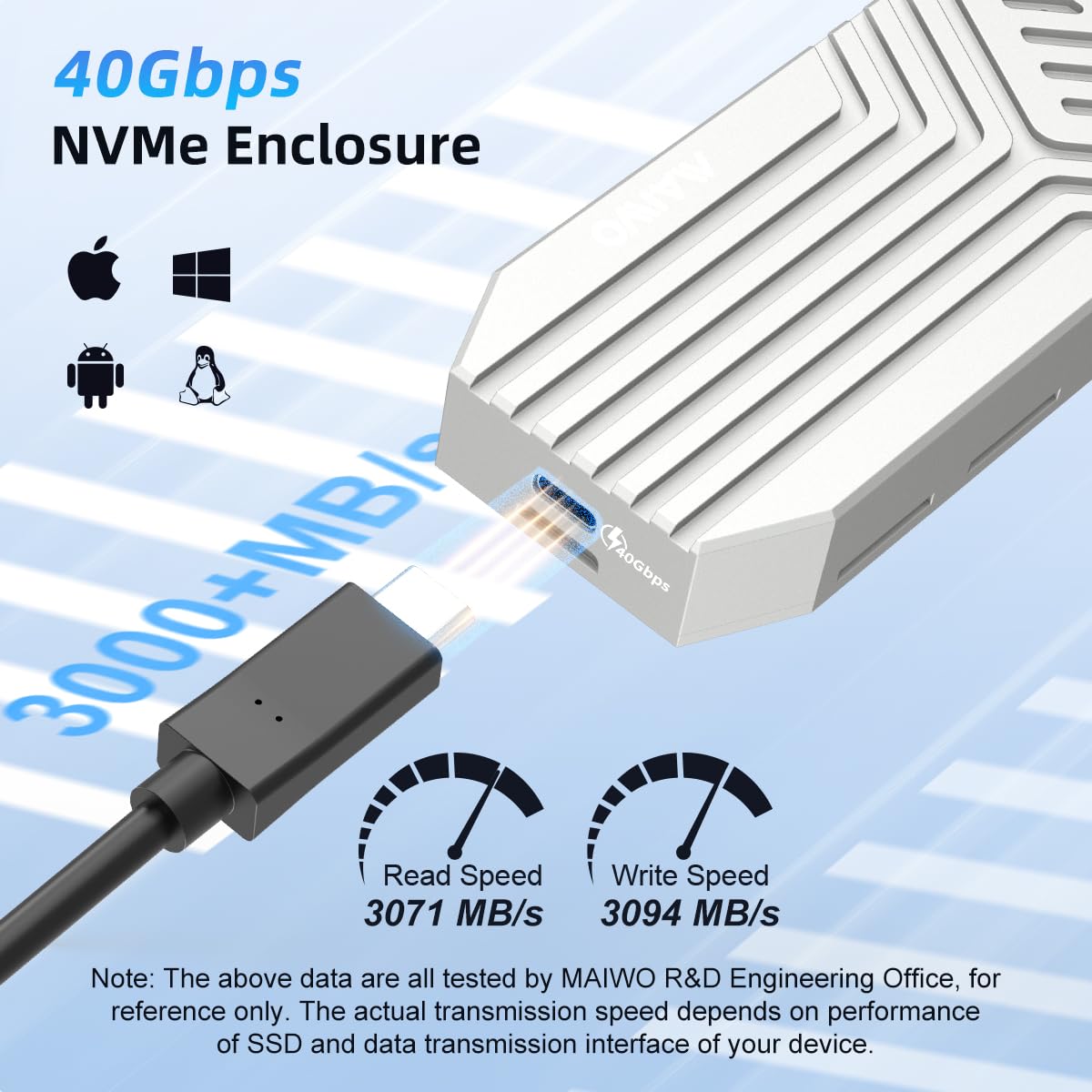Maiwo 40Gbps M.2 Nvme Ssd Enclosure Usb4 Type C To 2280 Pcie Nvme Adapter Built In Turbo Fan Support Thunderbolt3/4 Usb4/3.0/2.0 Tool Free 8Tb Capacity Aluminum Alloy Case (K1695F)