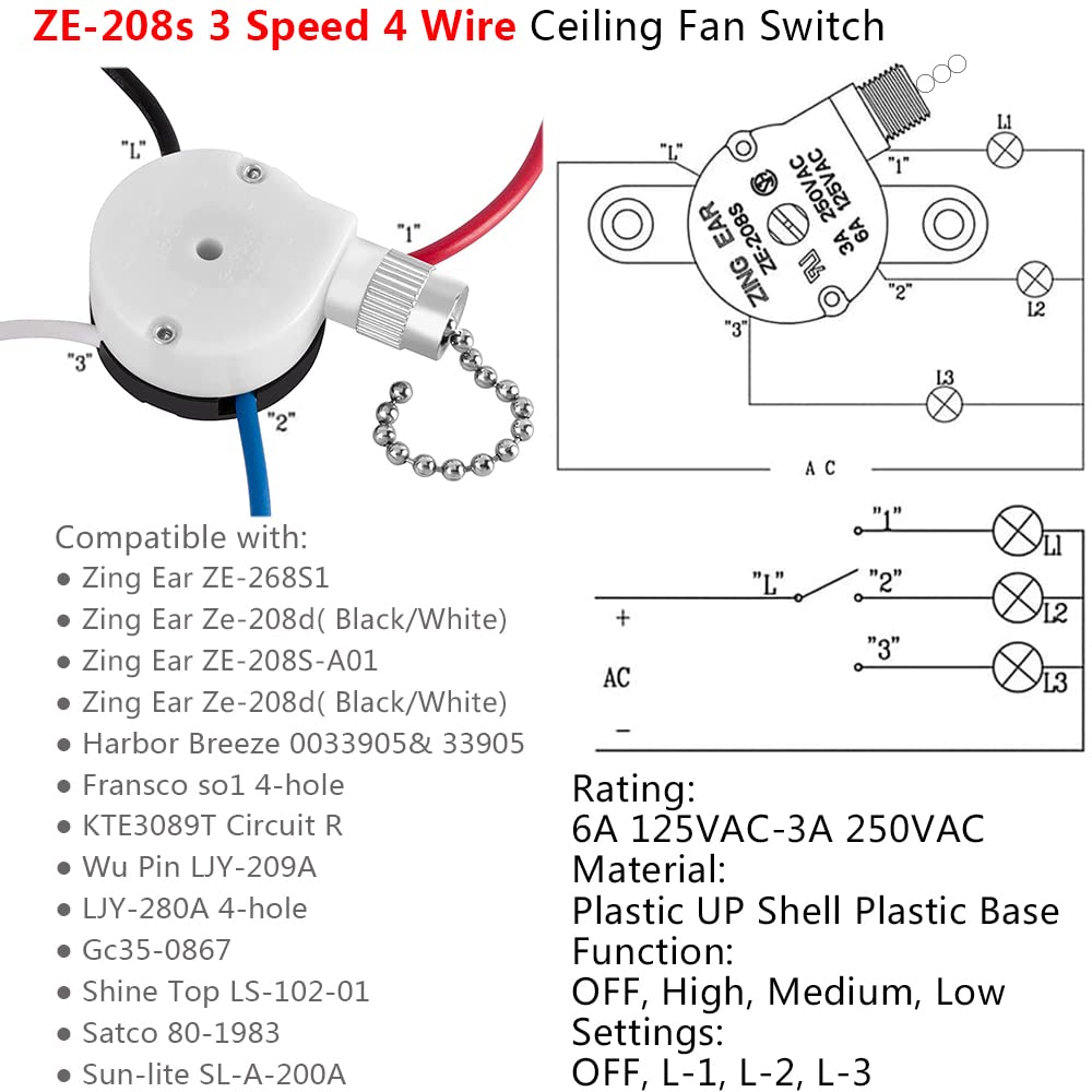 With 4 Pre Installed Wires Ceiling Fan Switch, 3 Speed Fan Switch Compatible With Hunter Fan Switch Replacement, Nickel