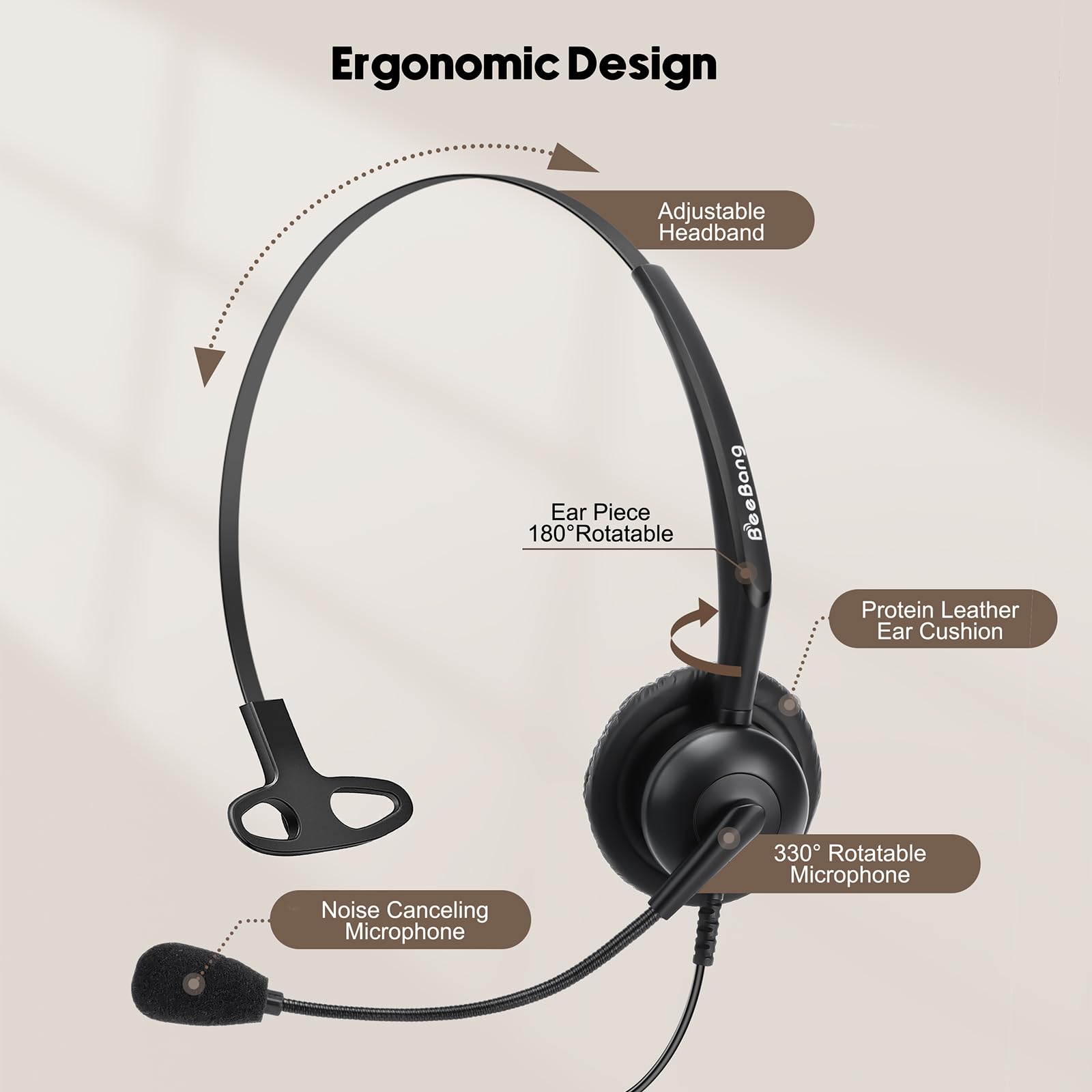 Beebang Phone Headset With Rj9 Jack For Call Center Deskphone, With Mic Mute Volume Controller, Mono Office Landline Telephone H