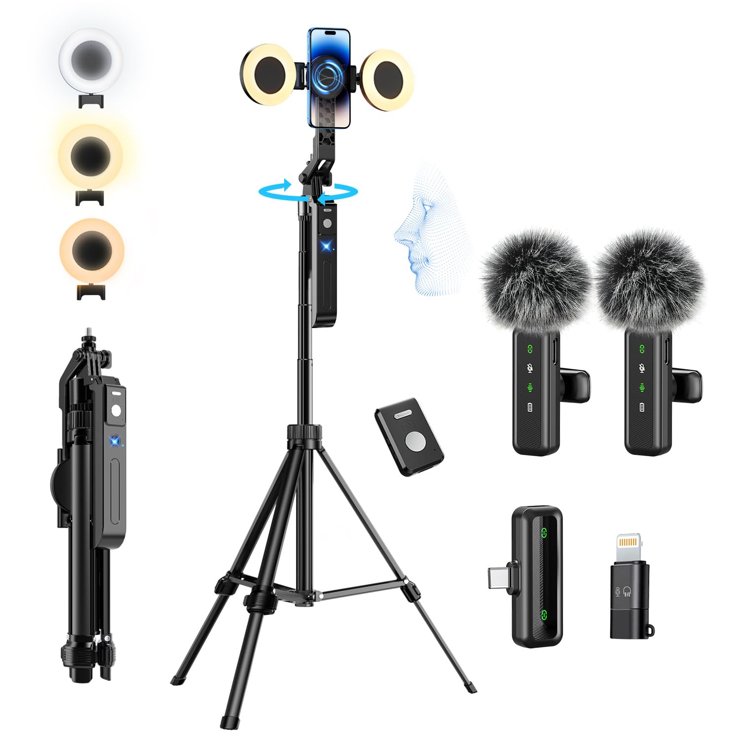 yAyusi Vlogging Kit for iPhone/Android, 70.9 Magnetic Auto Face Tracking Tripod for iPhone with Light, Microphone/Remote Control