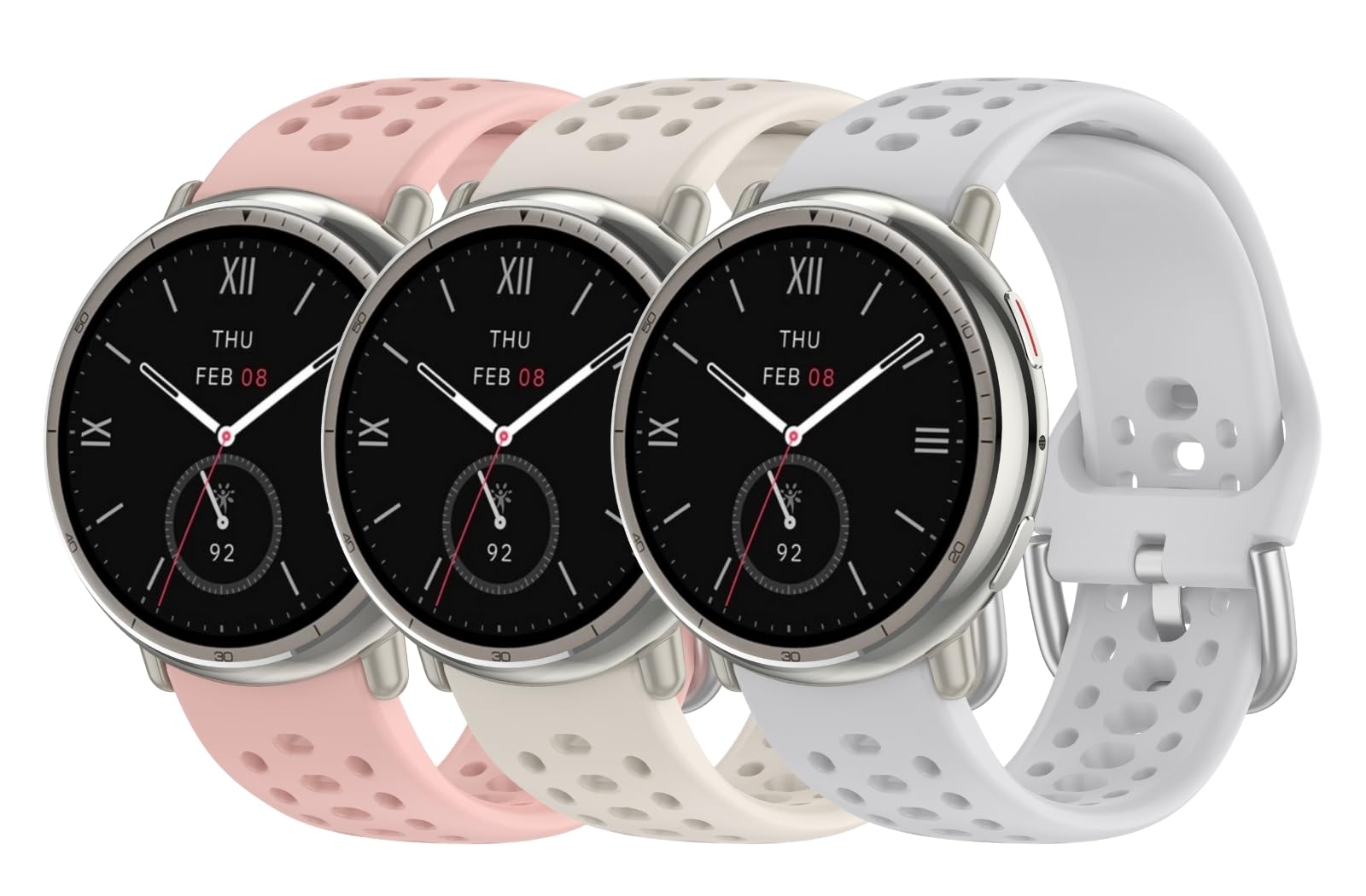 UPZOBU 20mm Watch Band for Amazfit Active 2 Band, Quick Release Silicone Sport Watch Strap (3 Pack, Pink/Starlight/Gray)