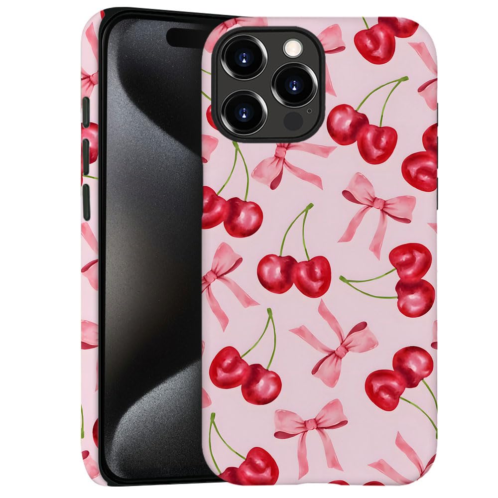 Generic Case for iPhone 13 Pro Max - [Drop Protection Phone Cover] - Hybrid Case for Girl Women - Cherry Ribbon Bow Fruit Pink