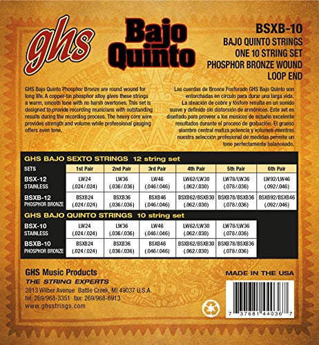 Ghs Strings Bsxb 10 Phosphor Bronze Bajo Quinto Strings, Loop End