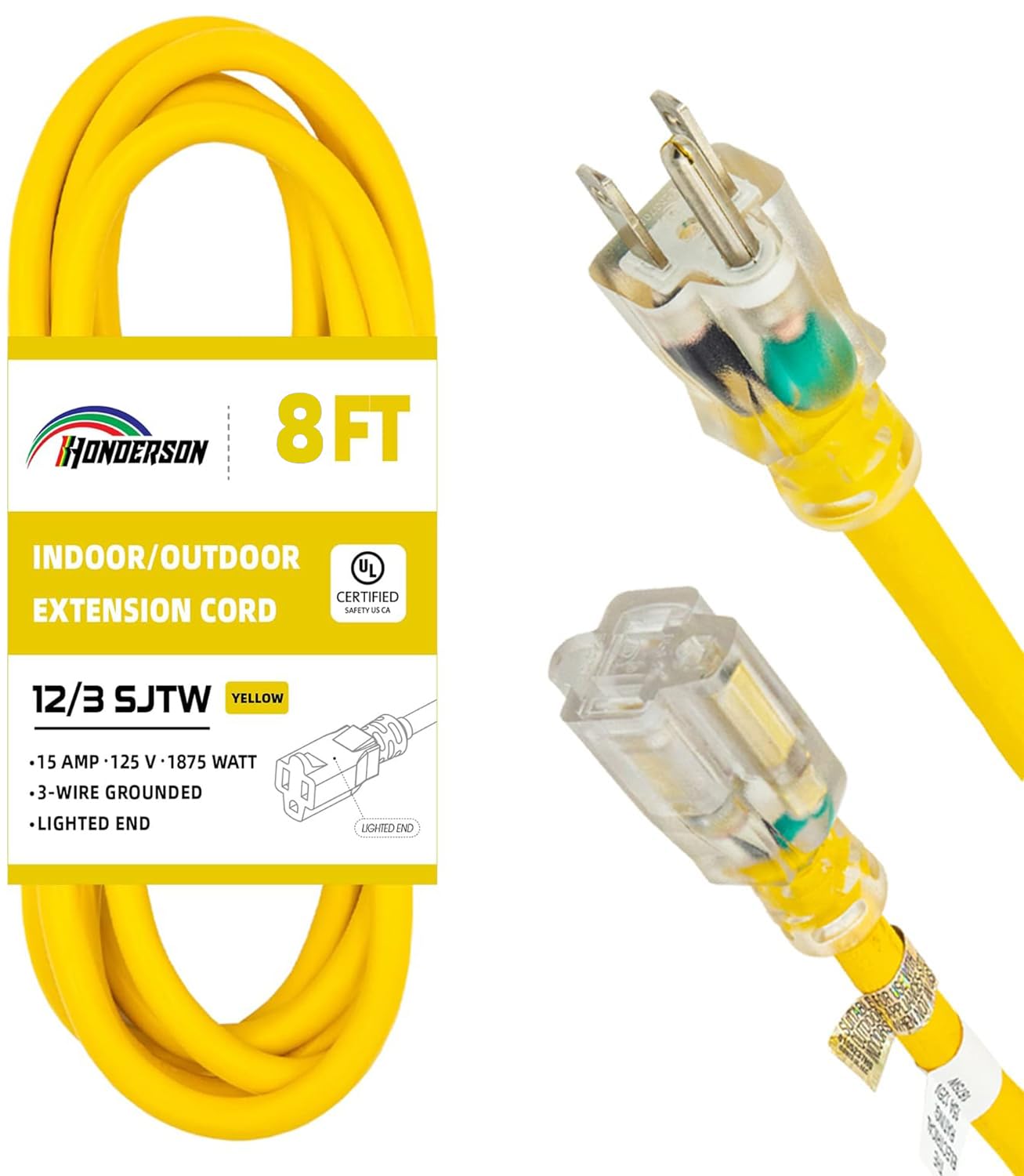 Honderson Indoor Outdoor Extension Cord Weatherproof With Lighted End, Ul Listed, 12 Gauge 8Ft Yellow 3 Prong Heavy Duty Extensi