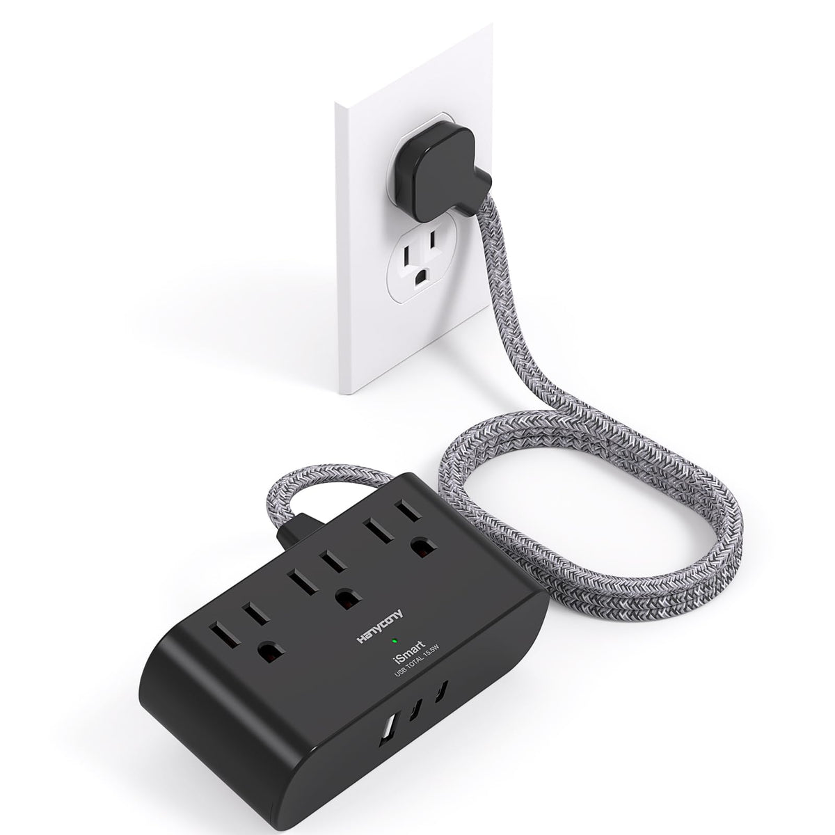 Black Flat Plug Power Strip, 6 Ft Ultra Thin Flat Extension Cord, 3 Outlets 3 Usb Ports(2 Usb C) Multi Plug Outlet Extender With