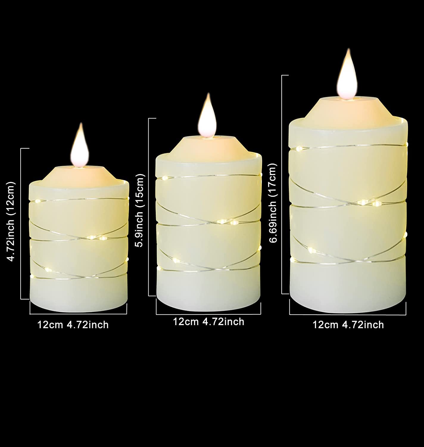 Flameless Battery Operated Led Candles: With Embedded String Lights, 3 Pack Flickering Electric Candles With 10 Key Remote Contr