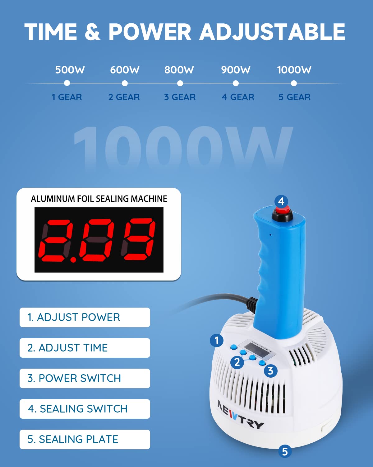 Newtry Induction Sealer Heat Handheld Sealing Machine Diameter 0.79�� 3.94�� Electromagnetic Manual Power & Time Adjustable For Plastic Glass Bottles Caps(110V Us Plug)
