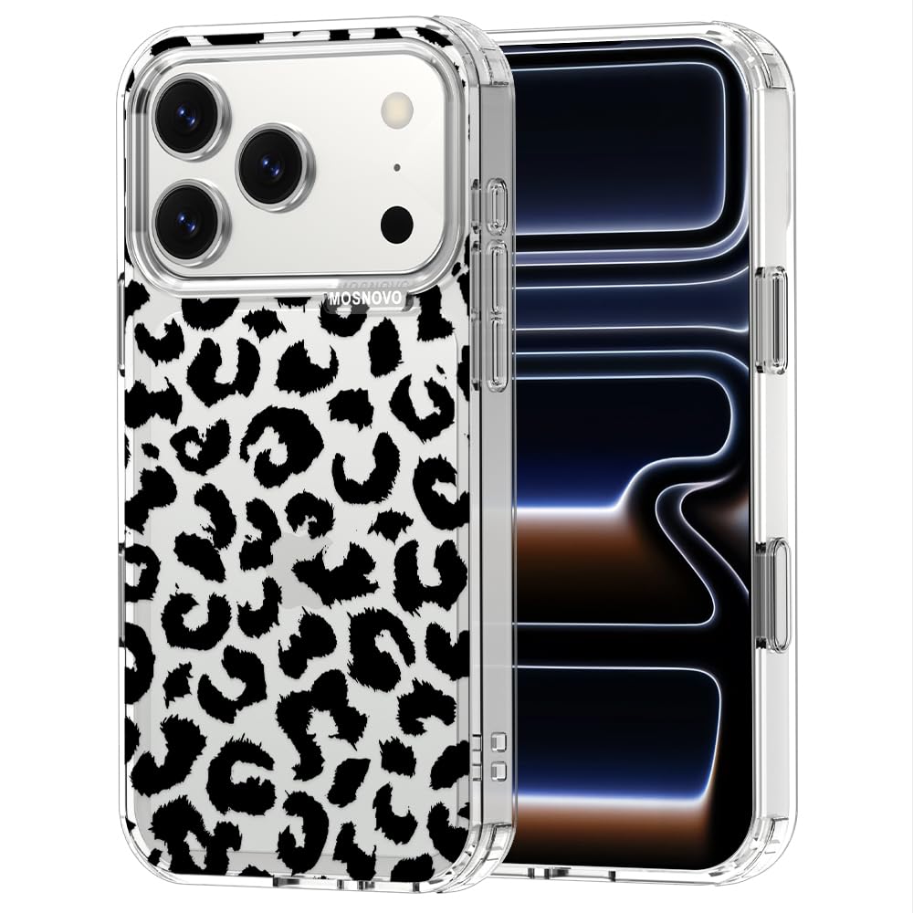 MOSNOVO for iPhone 17 Pro Case | Military Grade 6.6ft Drop Tested | Camera Control | Clear with Black Leopard Print Design