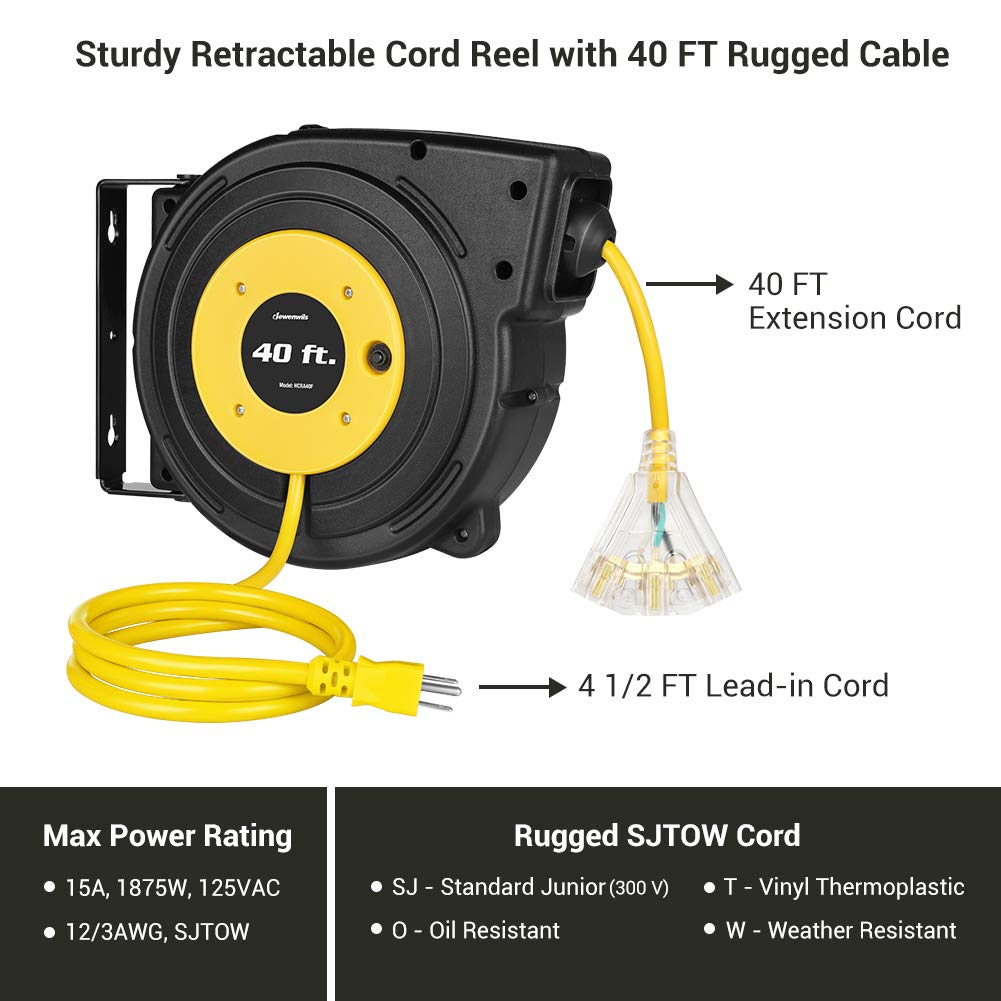 Dewenwils 40Ft Retractable Extension Cord Reel, Heavy Duty Power Cord Reel With 3 Lighted Triple Outlets, 12Awg/3C Sjtow Cord, 1