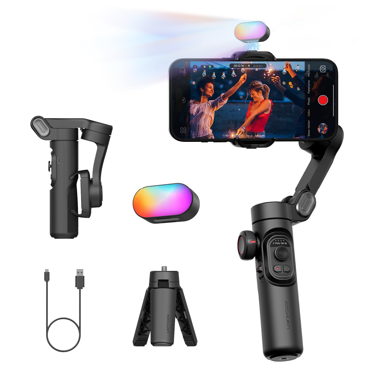 AOCHUAN 3-Axis Gimbal Stabilizer for Smartphone, Gimbal w/RGB Magnetic Fill Light Upgraded Face Tracking Focus Wheel Foldable iP