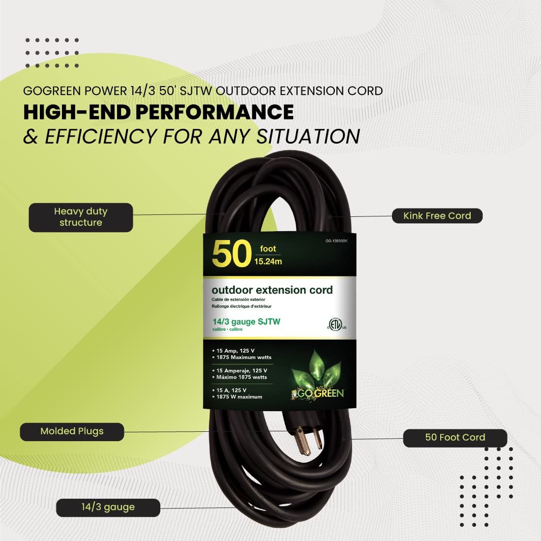Go Green Power Inc. 14/3 50Ft Black Outdoor Extension Cord   Robust, Heavy Duty   Perfect For Outdoor Tools & Equipment   Gg 138