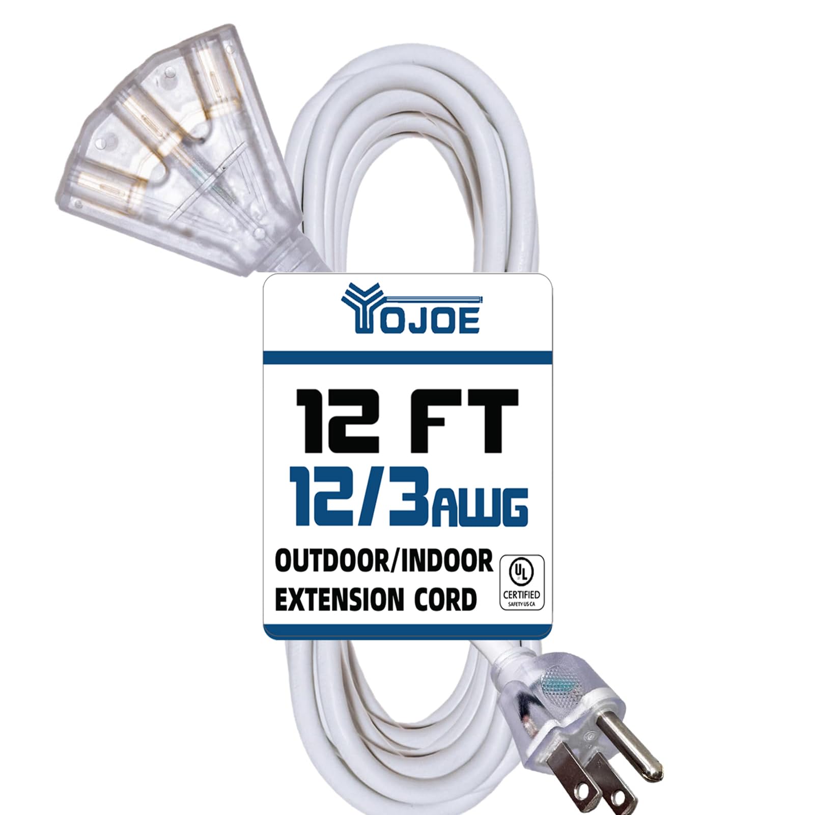 Yojoe 3 Outlets Indoor Outdoor Extension Cord With Lighted End, 3 Prong 15A Weatherproof Power Cord, 12 Gauge Heavy Duty 12 Ft W