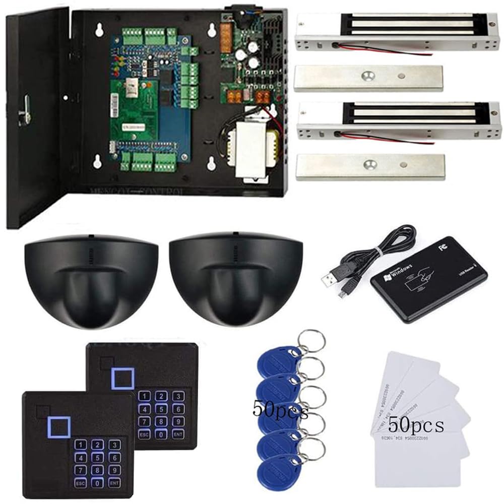 Mengqi Control Magnetic Lock Exit Motion Sensor 2 Doors Tcp/Ip Access Control System Keypad Reader Control Board 110V Power Supply Box Usb Enroll Reader Rfid Card/Key Fob(Phone App Remote Open Door)