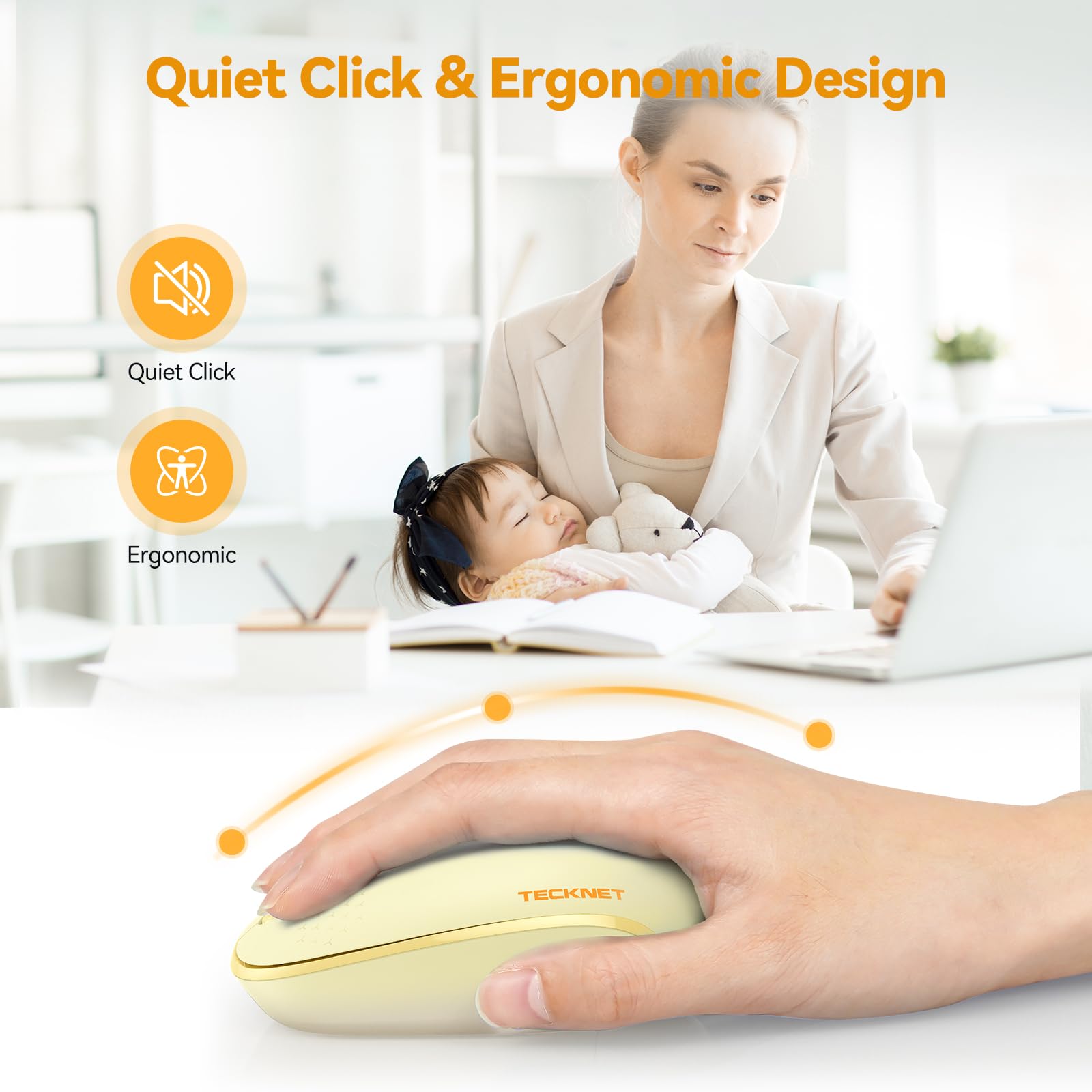 Tecknet Wireless Mouse, 2.4G Quiet Computer Mouse With Usb Receiver, 4 Buttons Portable Cordless Mice For Chromebook, Laptop, Pc, Mac, 800/1200/1600 Dpi   Yellow