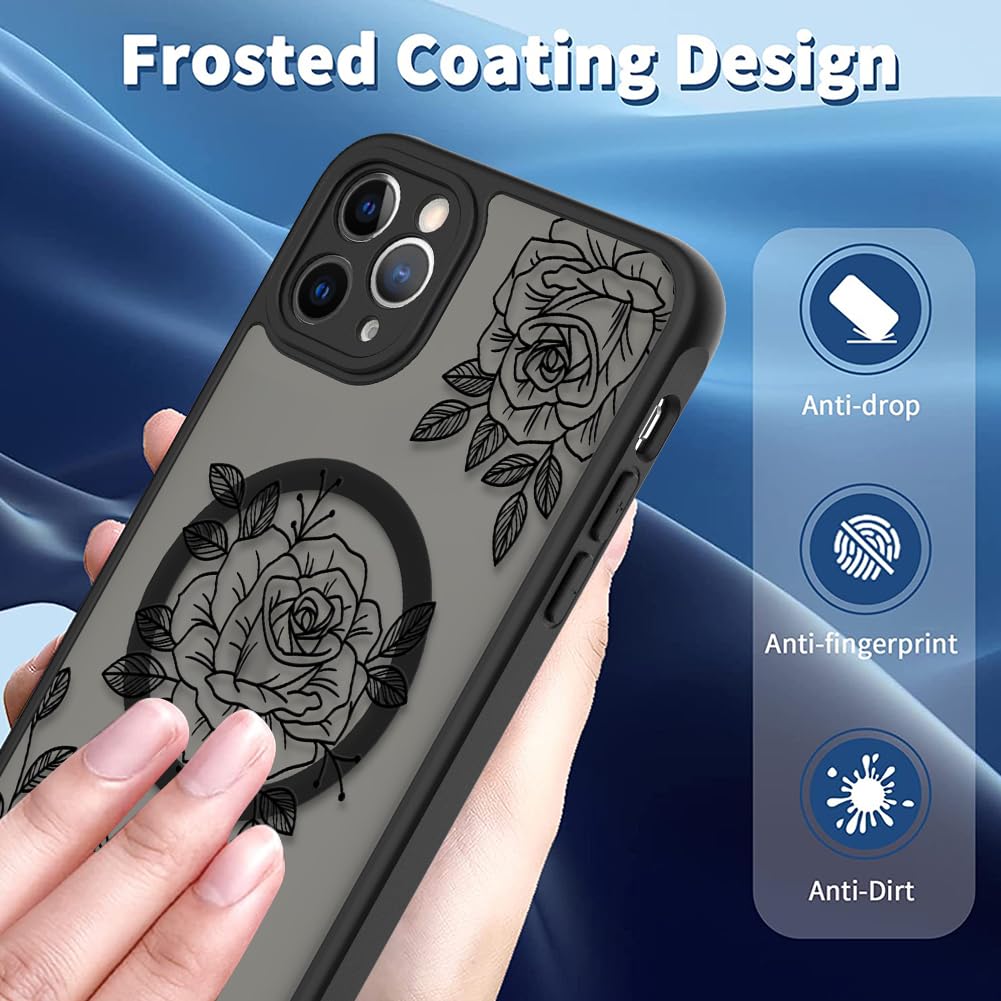Ook Magnetic For Iphone 11 Pro Max Case Black Flower Floral Pattern [Compatible With Magsafe] Slim Translucent Matte Camera Lens