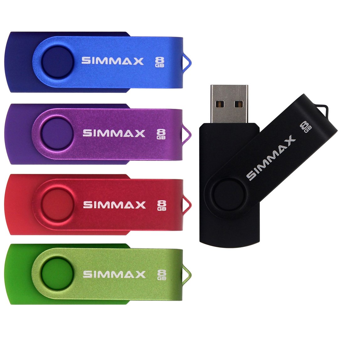Simmax 5Pcs 8Gb Usb Flash Drive Usb 2.0 Flash Drive Memory Stick Fold Storage Thumb Stick Pen Swivel Design(Five Mixed Colors: Black Blue Green Purple Red)(Mix Color1)