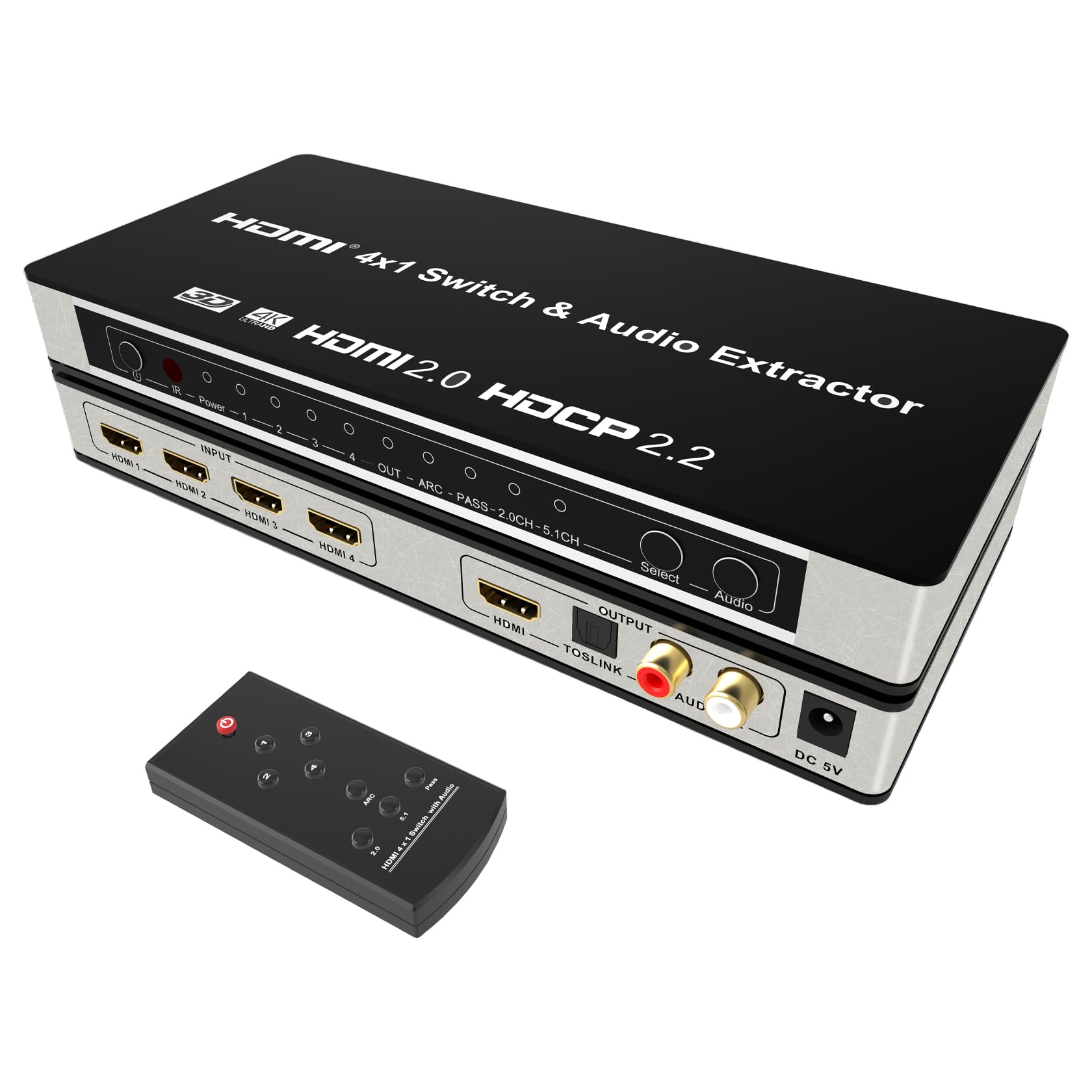 Kago Hdmi Audio Extractor Splitter,Hdmi Switch 4 In 1 Out,4K 60Hz 5.1/2.0Ch Arc/Earc Home Theater Av,Rca Optical Output For Soun