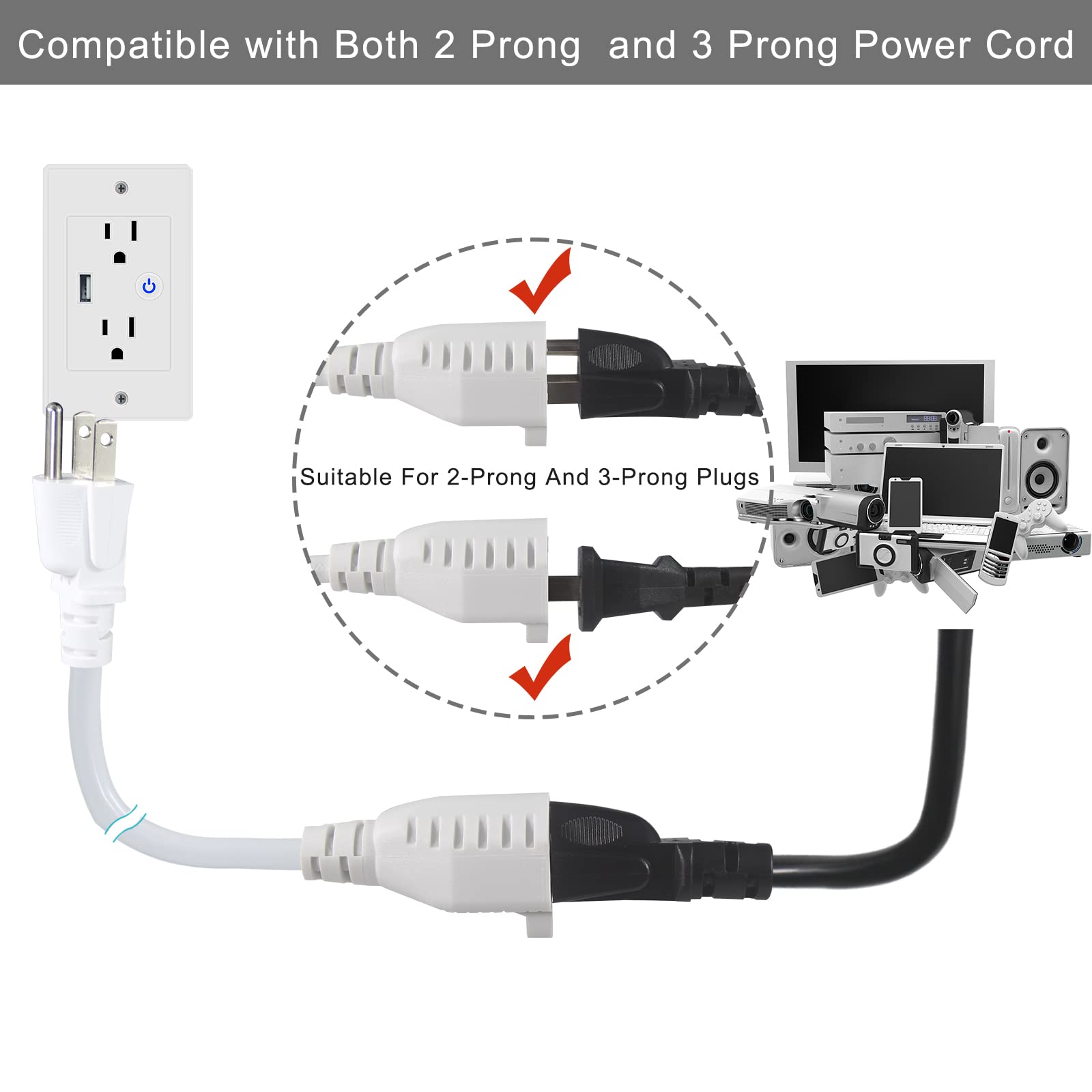 Kuncan Short Power Extension Cord   8 Inches 3 Prong Grounded Outlet Saver 16Awg/13A Heavy Duty Power Cord (Nema 5 15P To Nema 5