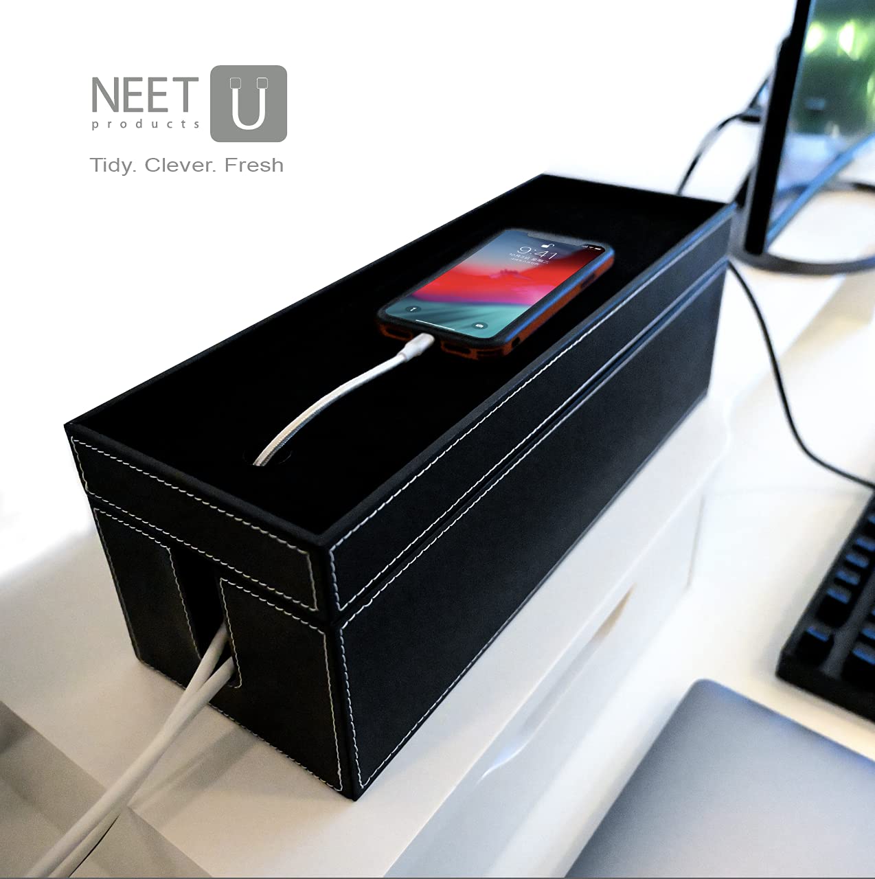 Neet Cable Management Box Large, Computer Cord Organizer, Hide And Conceal, Power Cable Organizer, Computers And Desks, Black St