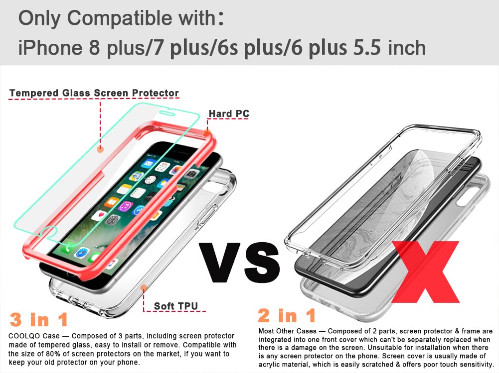 Coolqo Compatible For Iphone 8 Plus/Iphone 7 Plus/Iphone 6S/6 Plus Case, With [2 X Tempered Glass Screen Protector] Clear 360 Fu