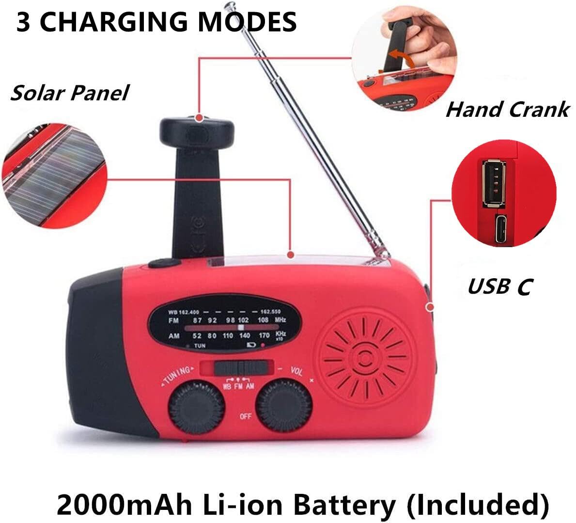 Handsider Solar Hand Crank Self Powered Survival Emergency Am Fm Noaa Weather Radio With Led Flashlight, 2000Mah Power Bank For
