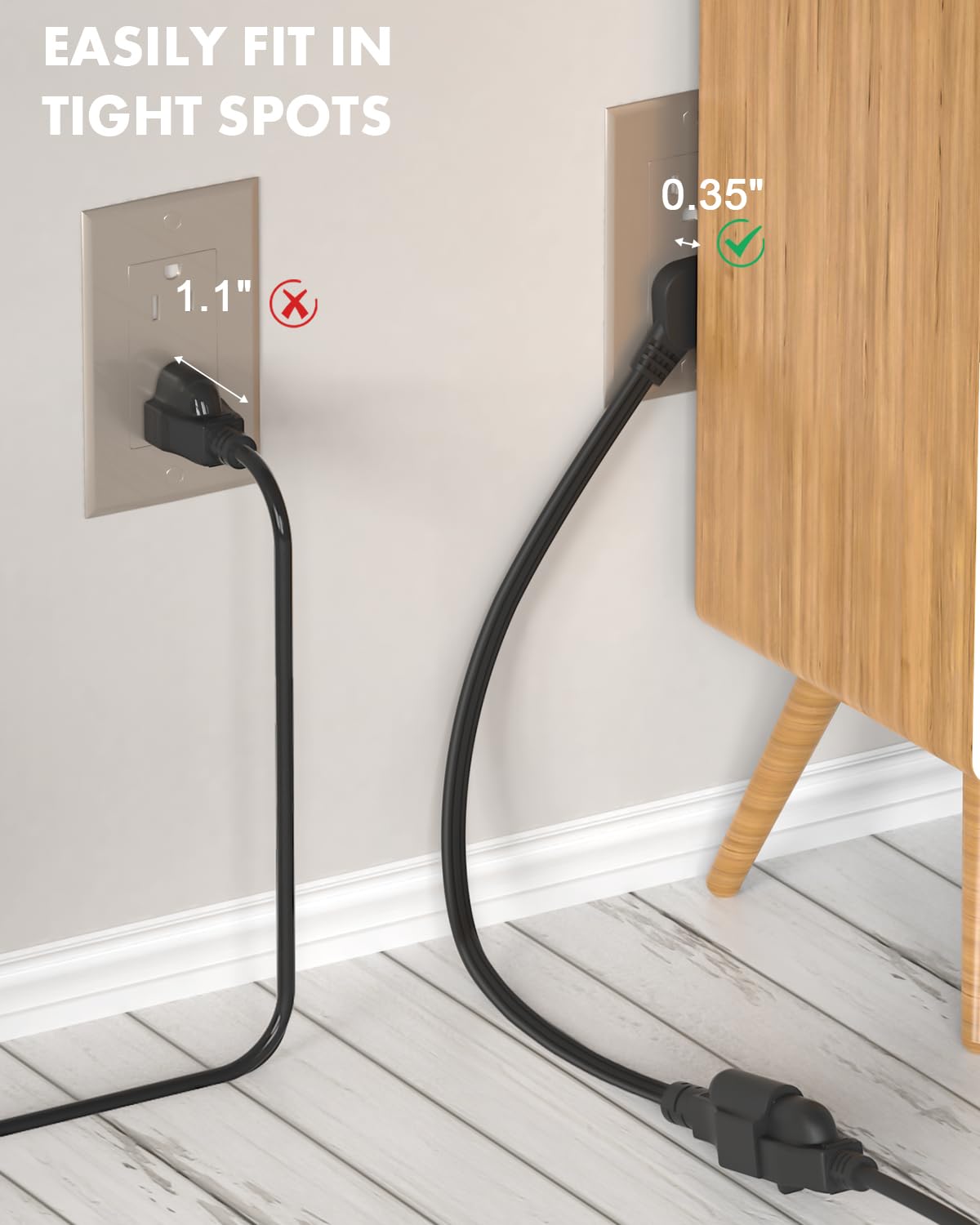 Flat Plug Short Extension Cord 1Ft Low Profile Flat Plug 3 Prong 16 Awg, 1625W Grounded Indoor Power Cable Outlet Saver For Kitc