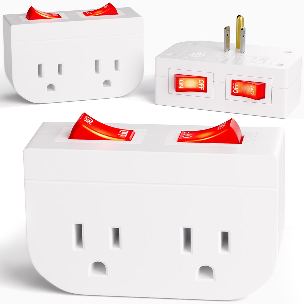 3Pack   Powawini Grounded Outlet With Double On Off Switch, Two Port Electrical Outlet Plug Switch, Wall Tap Adapter With Daul R