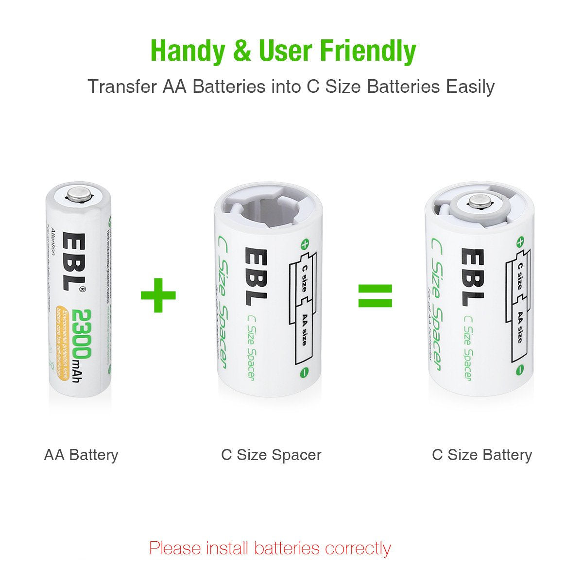 Ebl C Size Battery Adapters, Aa To C Size Battery Spacer Converter Case Use With Rechargeable Aa Battery Cells   4 Pack