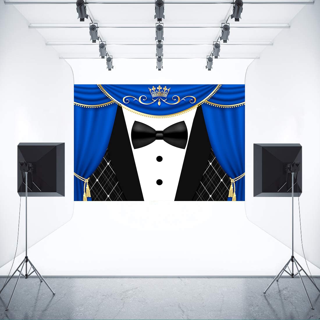Meetsioy Black Tuxedo Backdrop For Father'S Day Decorations Crown Gentleman Photo Background Blue Curtain Studio Prop Banner Gen