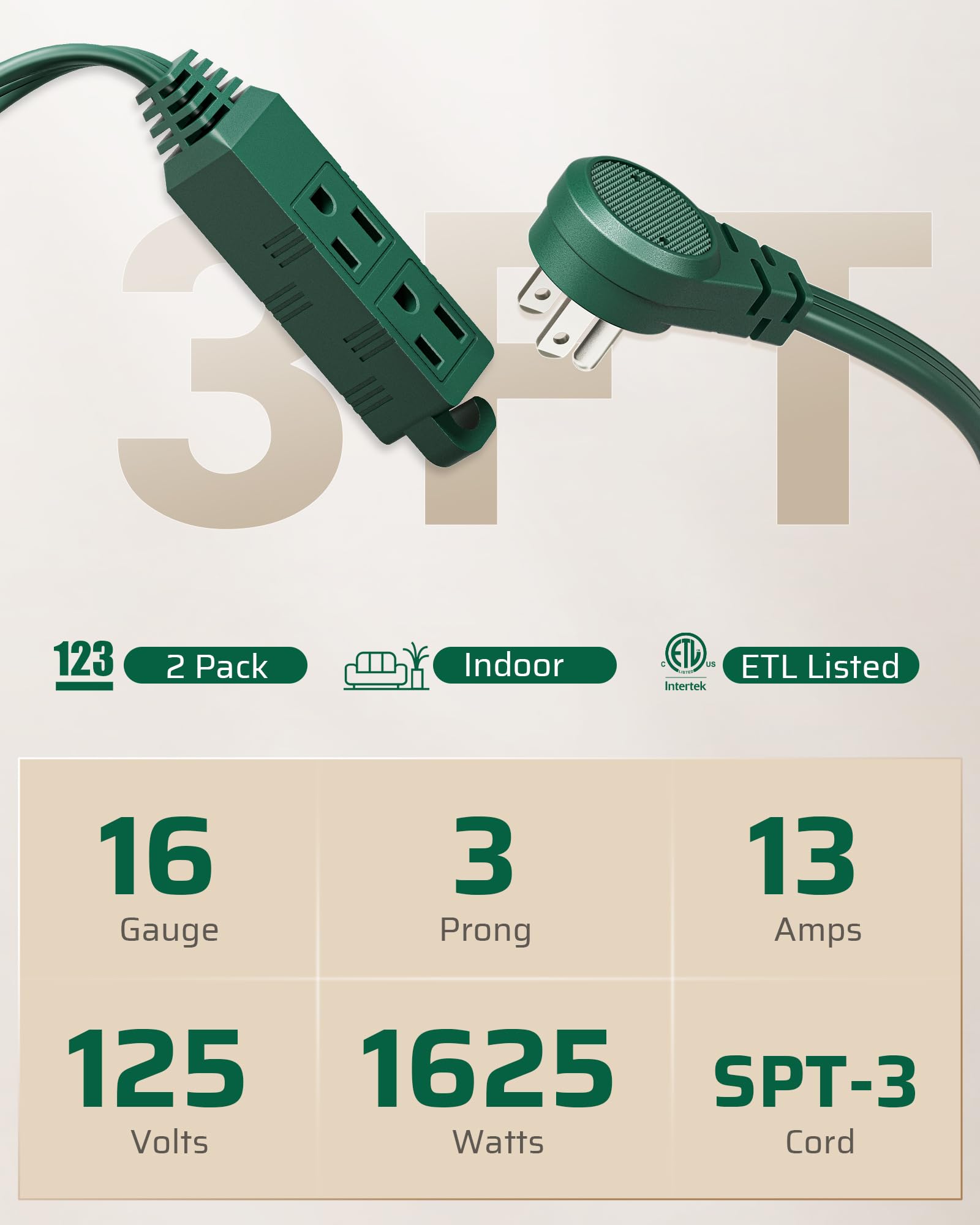 Dewenwils 3 Outlet Extension Cord With Flat Plug, 3Ft 16/3 Awg Grounded Power Cable For Indoor Use, Spt 3 Cord, Green, Etl Liste