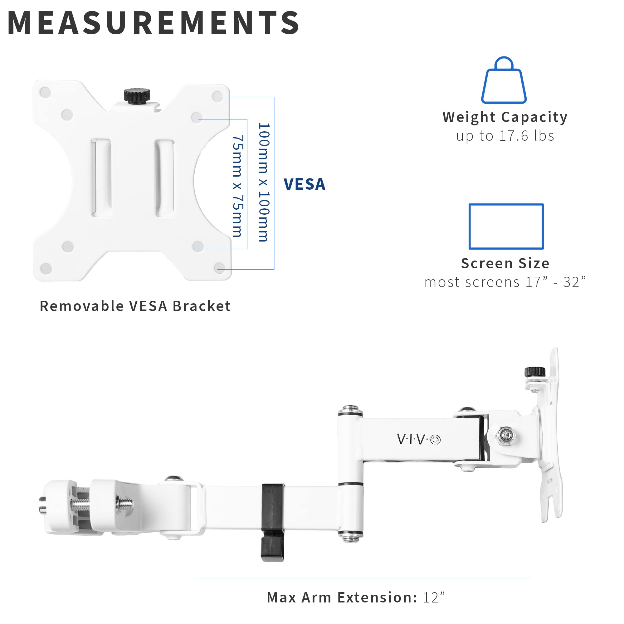 VIVO Steel Universal Full Motion Pole Mount Monitor Arm with Removable 75mm and 100mm VESA Plate, Fits 17 to 32 inch Screens, White, MOUNT POLE01AW