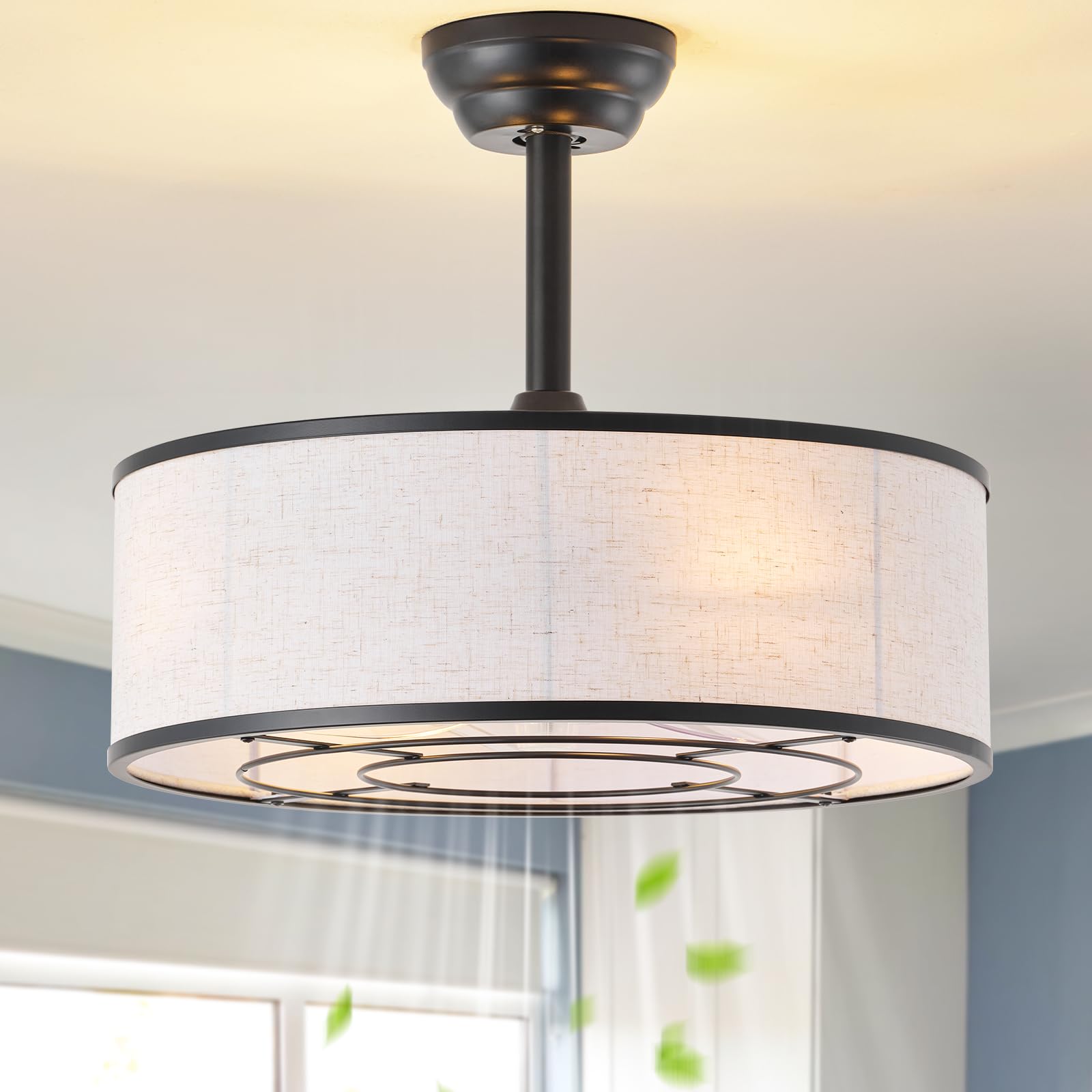 Tuirmhais 20 Black Caged Boho Fandelier Ceiling Fan with Light & Remote Control - Bladeless Chandelier Fan, 6 Speed Quiet Revers