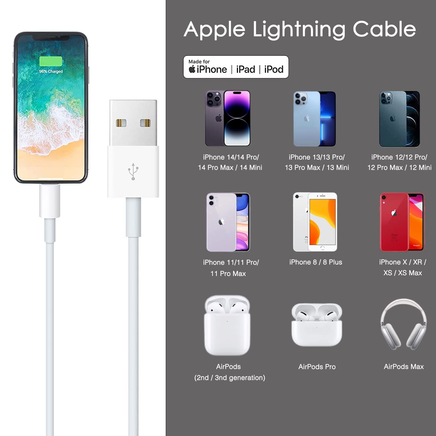Car Carplay Apple Cable, Usb A To Lightning Cable For Iphone 14, 14 Plus, 14 Pro Max, 13, Se 2Nd/12/11/Xs/Xr/8/7, Ipad 4/5/ 6/7/