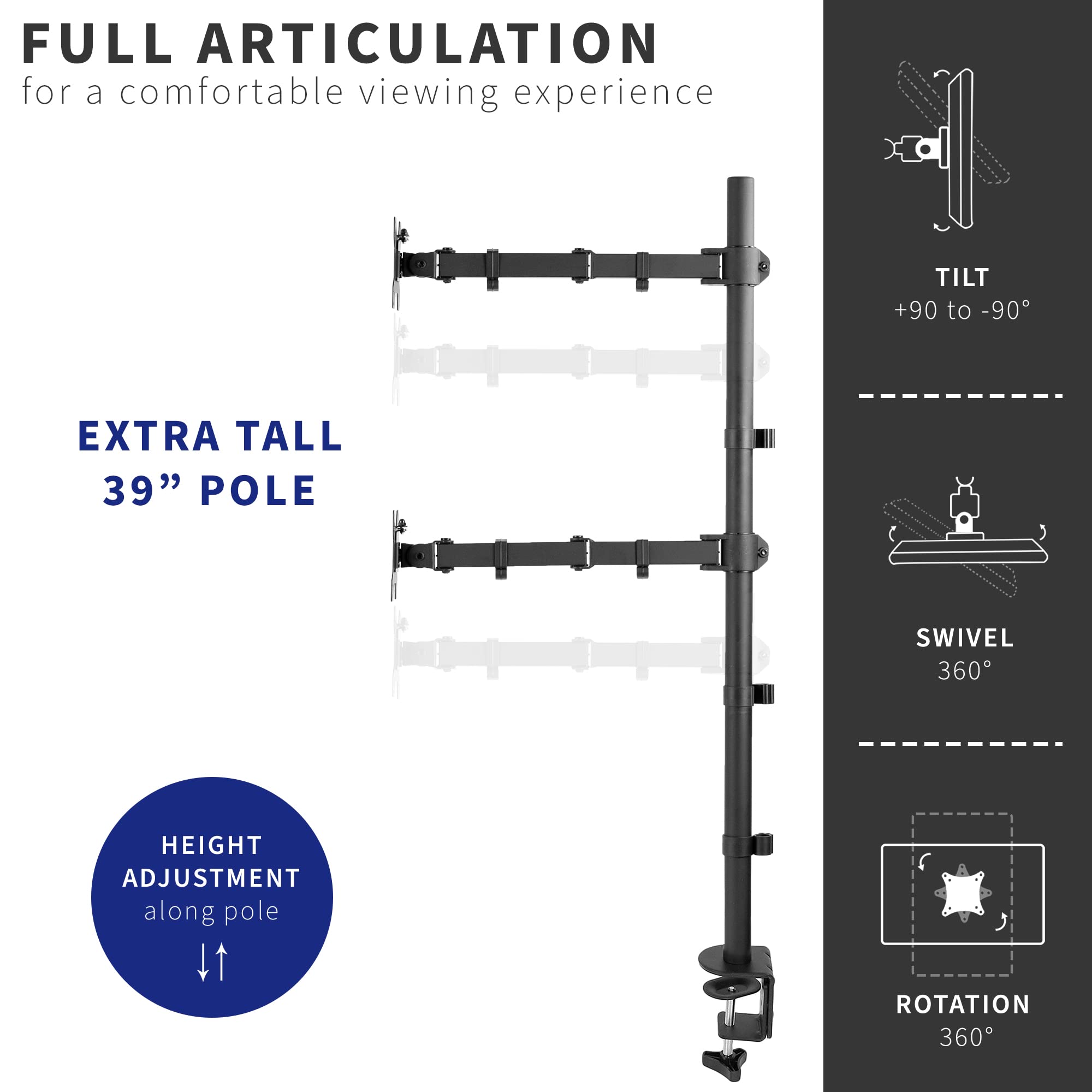 VIVO Extra Tall Vertically Stacked Dual Monitor Desk Mount Stand with 99 cm Stand up Pole, Fully Adjustable Extended Arms, Fits 2 Screens up to 27 inches, STAND V012T