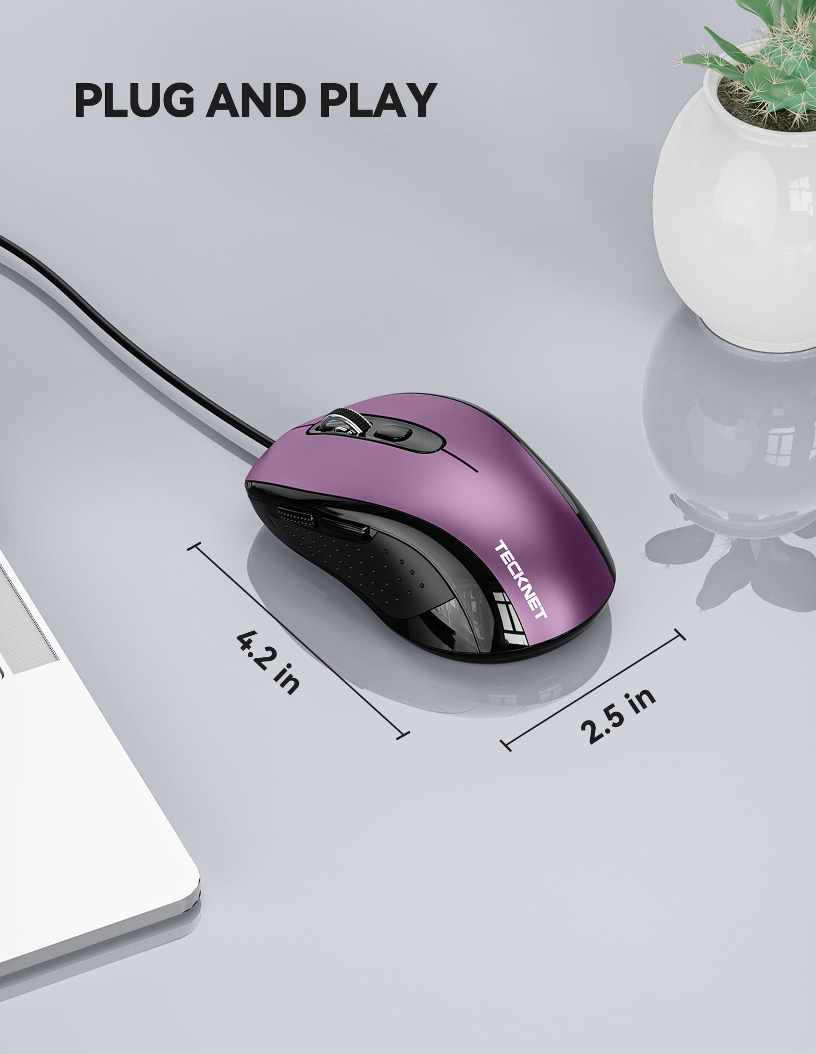 Tecknet Usb Wired Mouse, 3600Dpi Corded Computer Mouse With 4 Adjustable Levels, 6 Button 5Ft Cord Ergonomic Mice, Home And Office Mouse For Laptop Pc Desktop Notebook   Purple