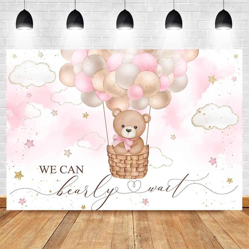 Mocsicka Pink Bear Hot Air Balloon Backdrop Girl Bear Balloons Baby Shower Background We Can Bearly Wait Baby Shower Party Cake