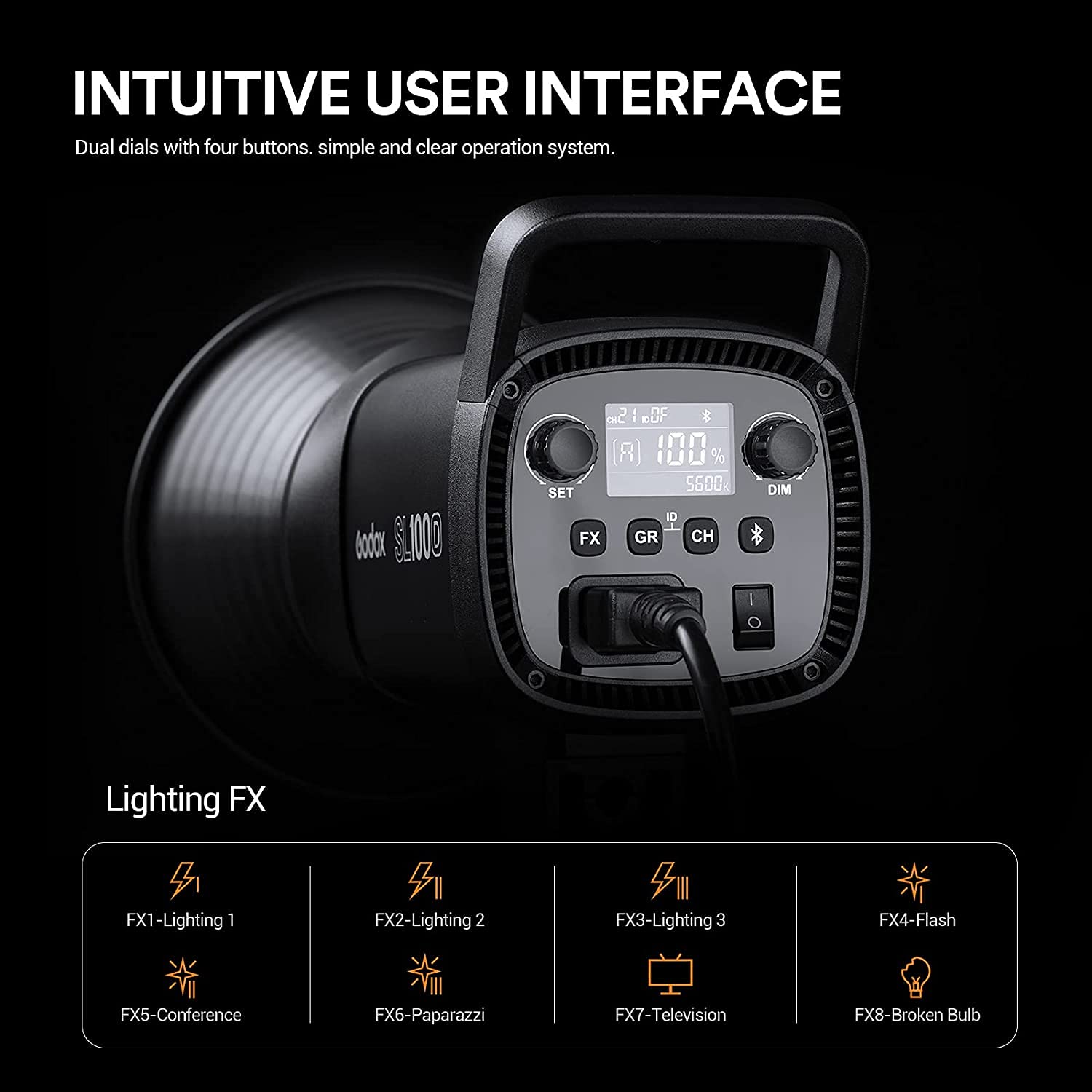 Godox Sl100D Led Video Light,100W Tlci=97 Cri=96,5600K Continuous Lighting,8 Fx Lighting Effects,32100Lux @1M Bowens Mount Cob L