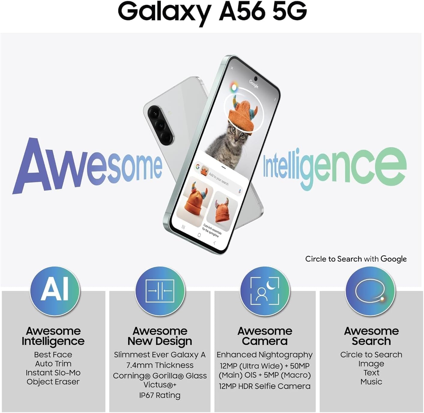 Samsung Galaxy A56 5G Ai (For Tmobile Mint Tello & Global) (256Gb + 12Gb) Version Latina Unlocked Sm-A566E/Ds 6.6 120Hz 50Mp Tri